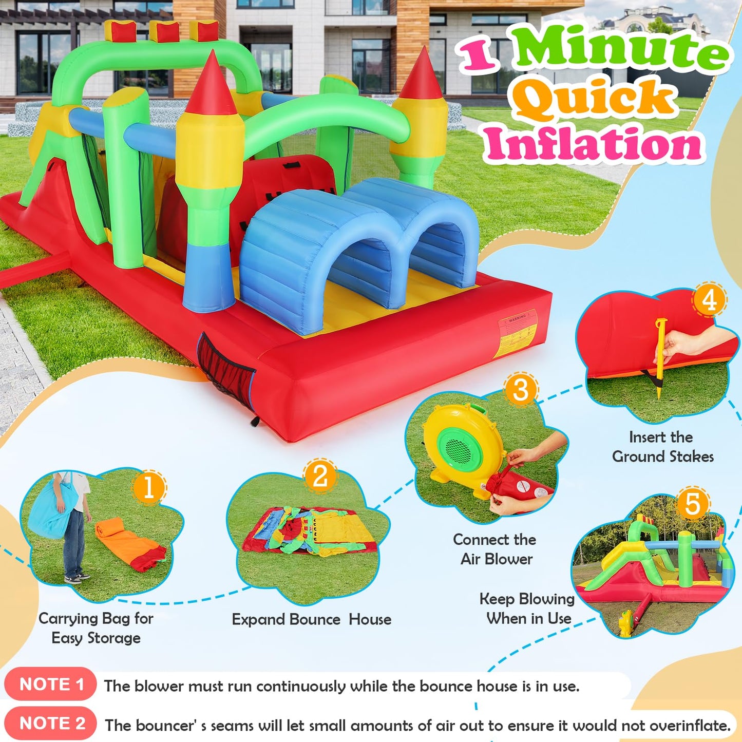 Whubefy Inflatable Obstacle Course Bounce House for Big Kids 8-12, 18.5 x 8FT Large Bounce Castle with Dual Racing Slides, Crawl Tunnels, Climbing