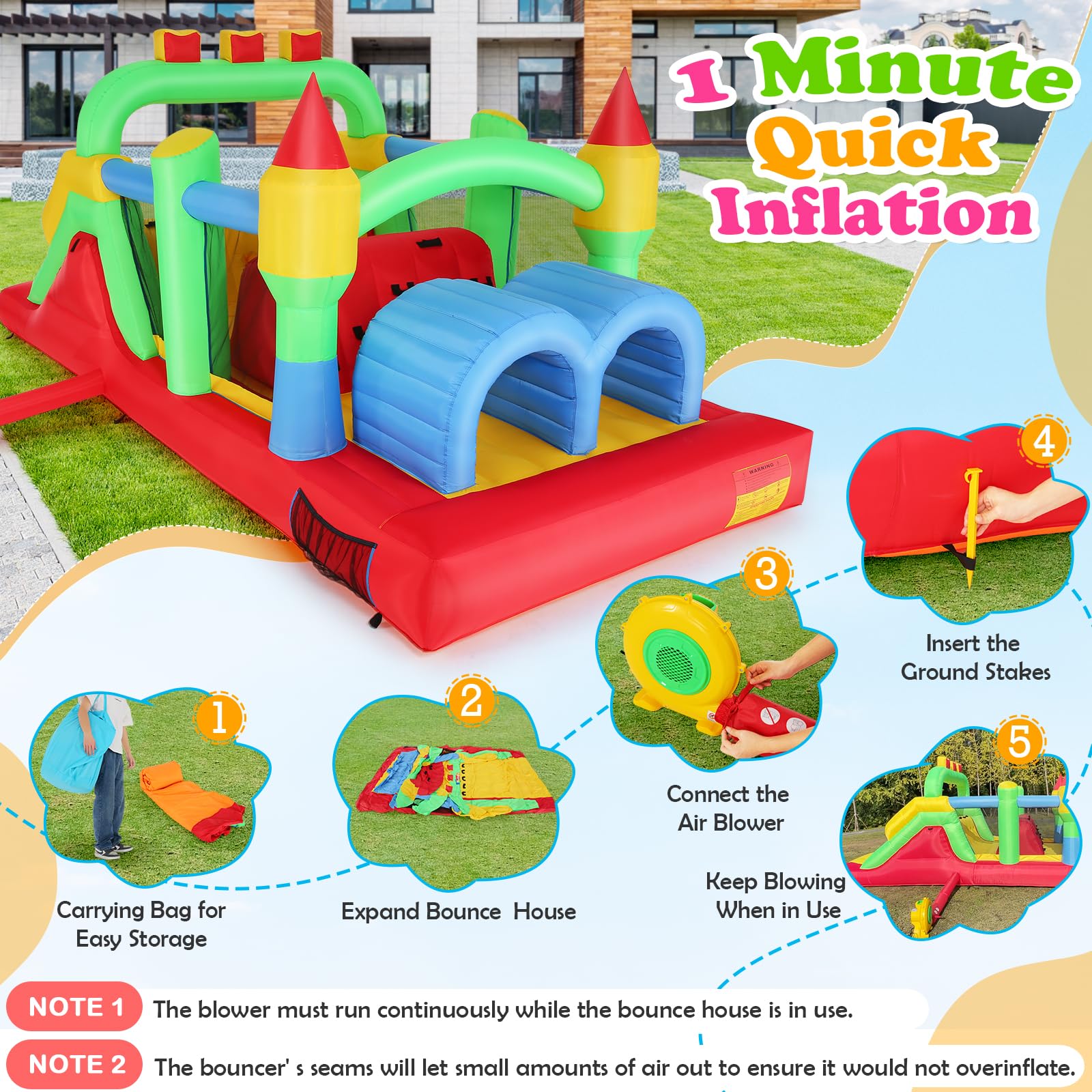 Whubefy Inflatable Obstacle Course Bounce House for Big Kids 8-12, 18.5 x 8FT Large Bounce Castle with Dual Racing Slides, Crawl Tunnels, Climbing