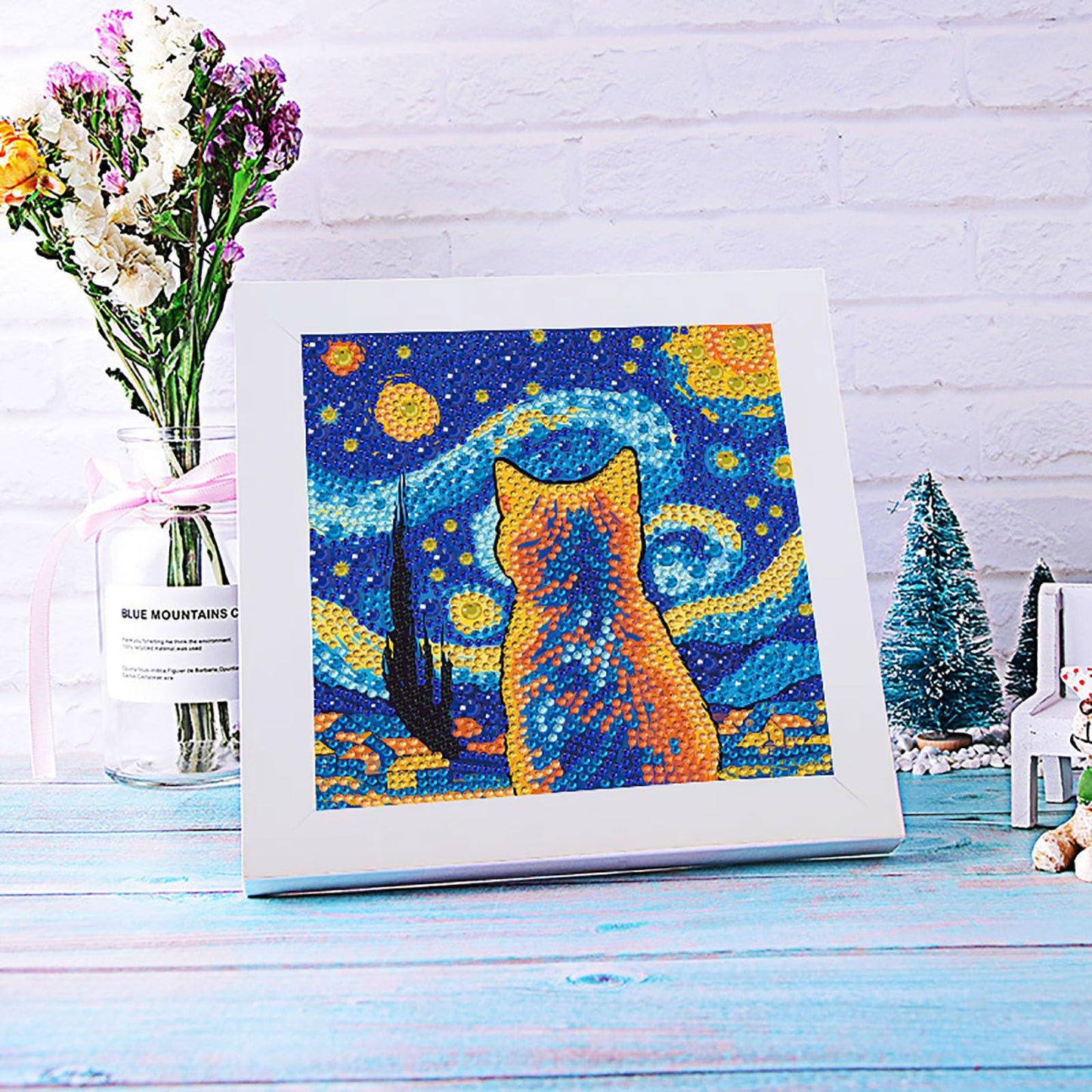 FJEOLEN 5D Diamond Painting Kit for Beginners with Wooden Frame, Cute Cat Diamond Painting Kits, Small Diamond Art Kits for Home Desk, Cabinet