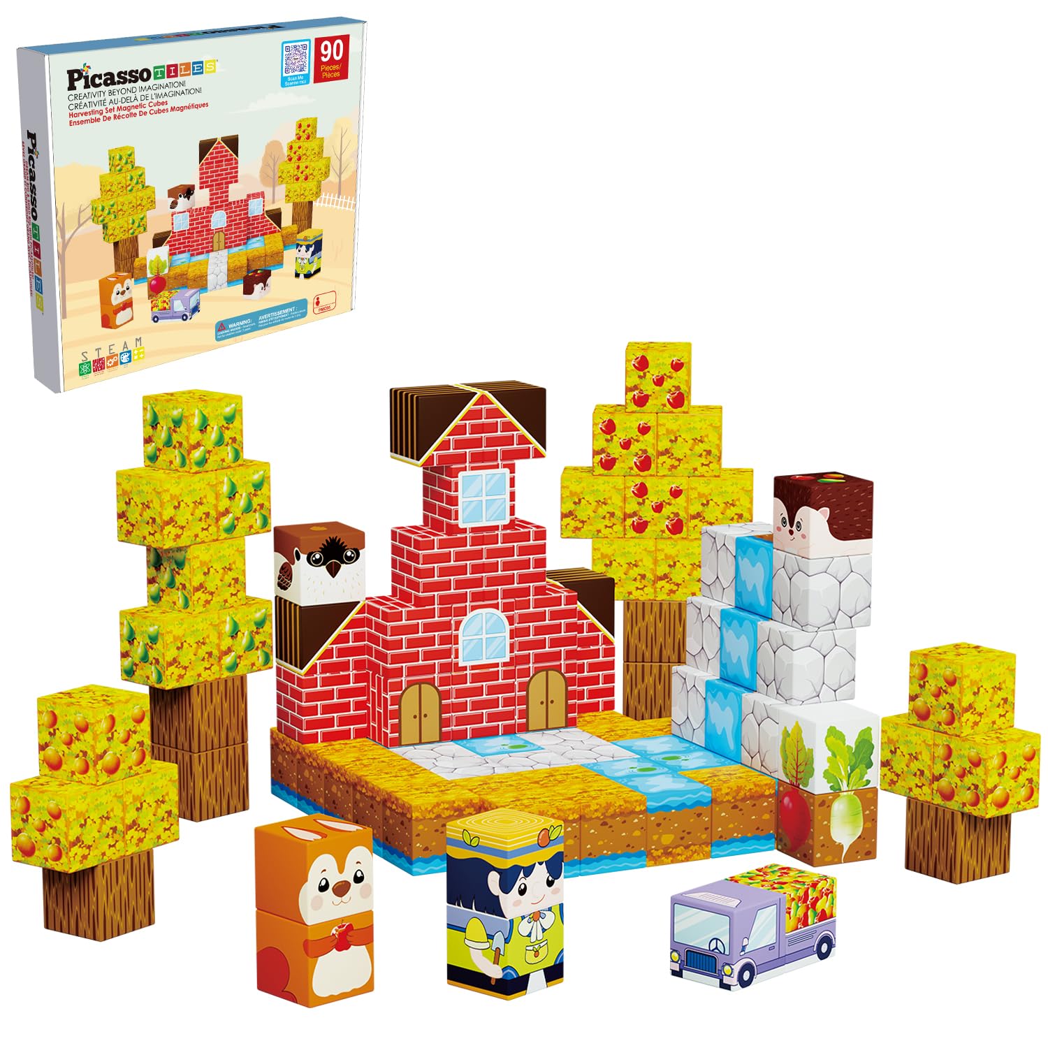 Picasso Cubes 1” Fall Autumn Harvest Theme Magnetic Blocks Build Cubes 90 Piece Magnet Tile Construction Building Block Set Sensory Toy Early