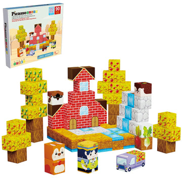 Picasso Cubes 1” Fall Autumn Harvest Theme Magnetic Blocks Build Cubes 90 Piece Magnet Tile Construction Building Block Set Sensory Toy Early