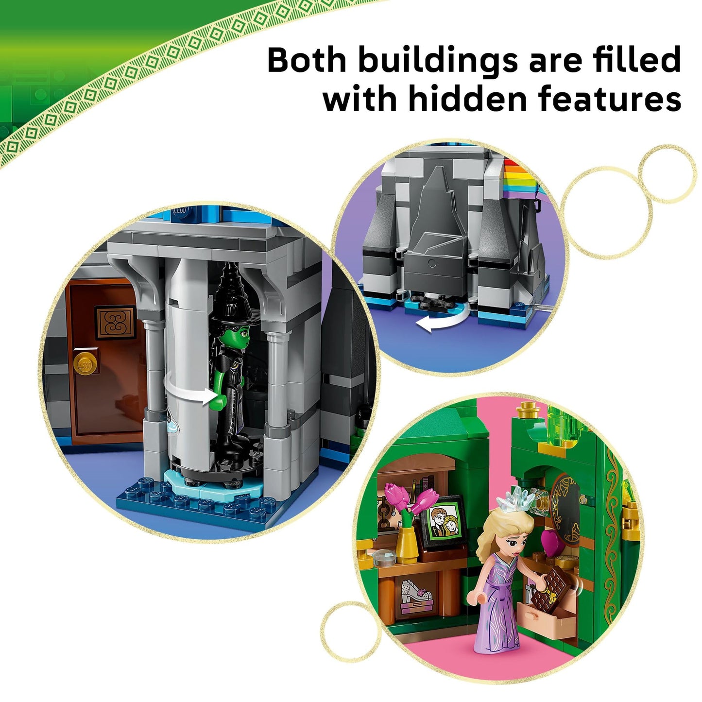 LEGO Wicked Emerald City & Kiamo Ko Castle Building Toy - Elphaba & Glinda Toy Figures, 2 Buildable Playsets, & Flying Monkey Minifigure for Kids