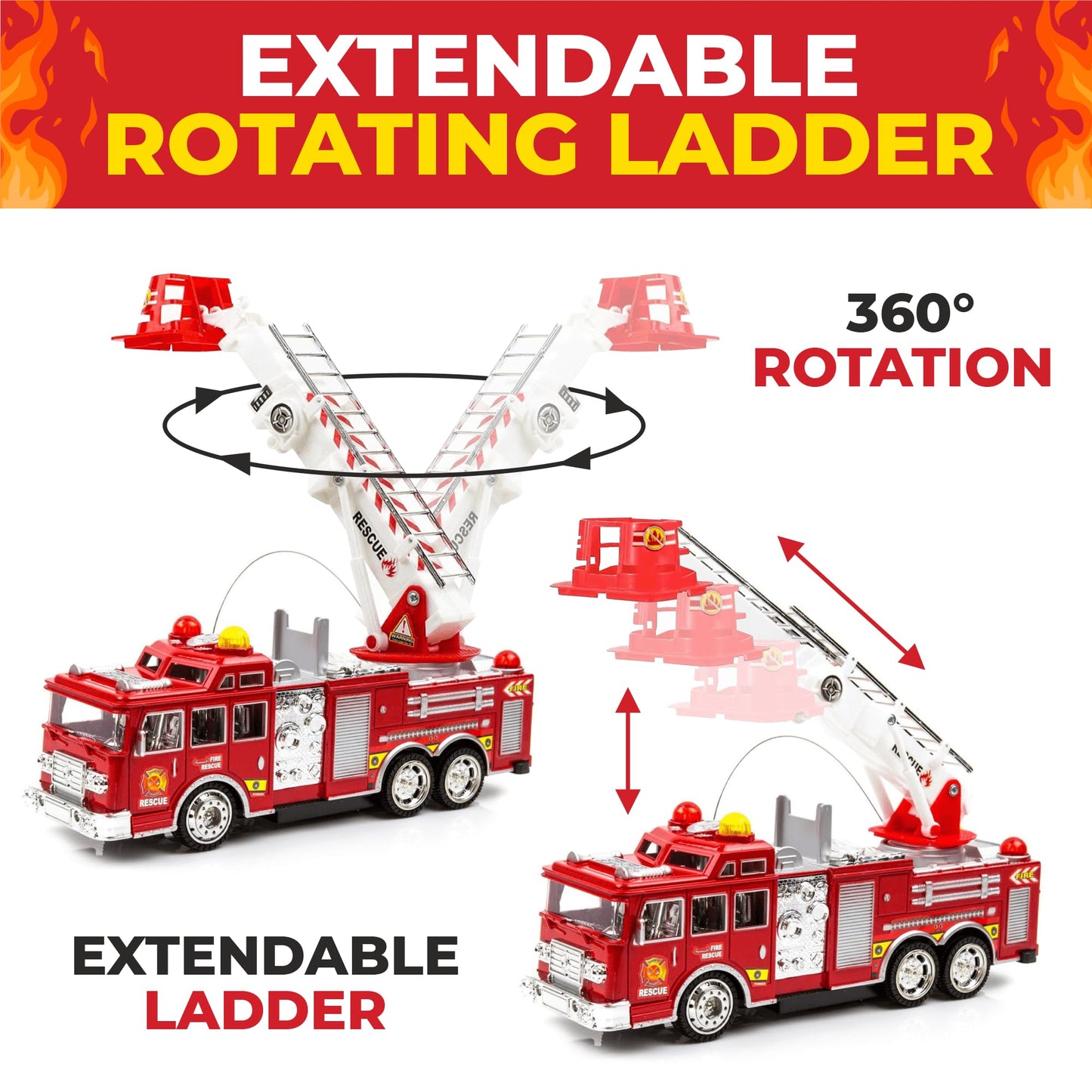 Toysery Fire Truck Toy with Flashing Lights & Siren Sounds for Kids, Extendable Rotating Ladder, Bump and Go Action, Role Play Toy for Boys & Girls