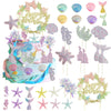 34PCS Mermaid Birthday Cake Topper Kit with Mermaid Themed Cupcake Topper Picks Glitter Seaweed Decor and Starfish Conch Seahorse Shell for Birthday