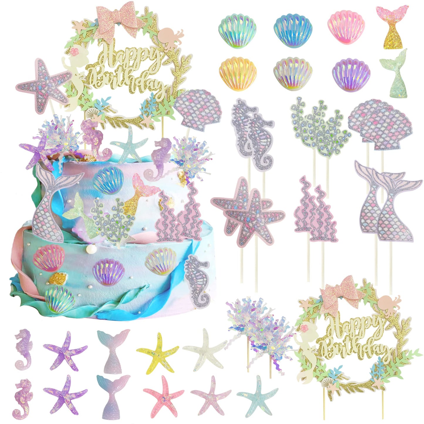 34PCS Mermaid Birthday Cake Topper Kit with Mermaid Themed Cupcake Topper Picks Glitter Seaweed Decor and Starfish Conch Seahorse Shell for Birthday