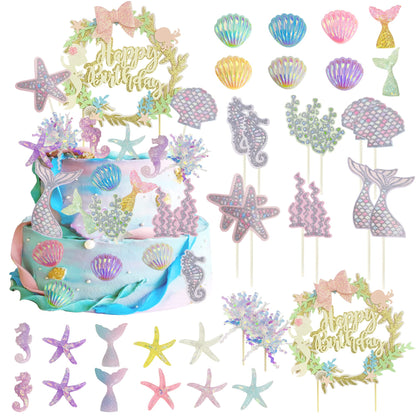 34PCS Mermaid Birthday Cake Topper Kit with Mermaid Themed Cupcake Topper Picks Glitter Seaweed Decor and Starfish Conch Seahorse Shell for Birthday