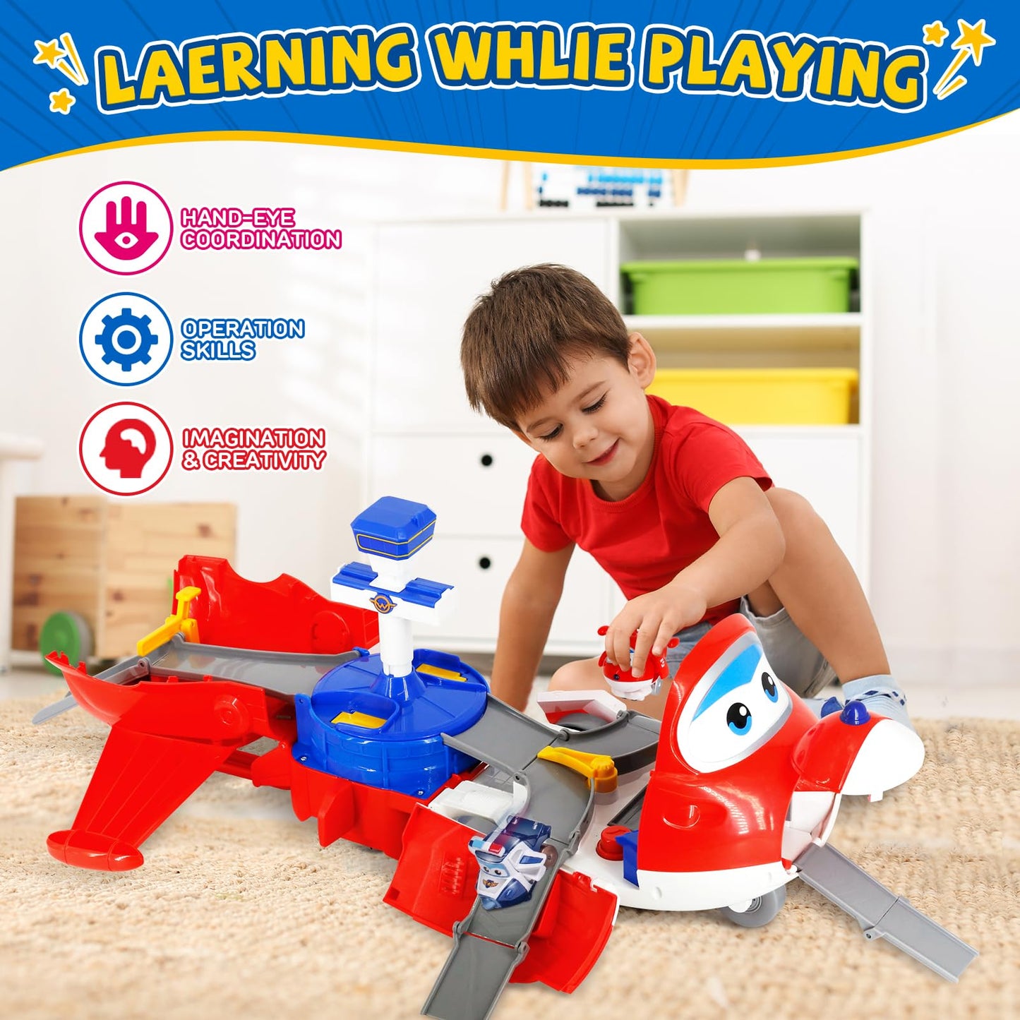 Super Wings Jett's Takeoff Tower 2-in-1 Airplane Toys Playset with 2" Jett Mini Figure Transform-a-Robots, Toys for Preschool Kids, Gifts for Boys