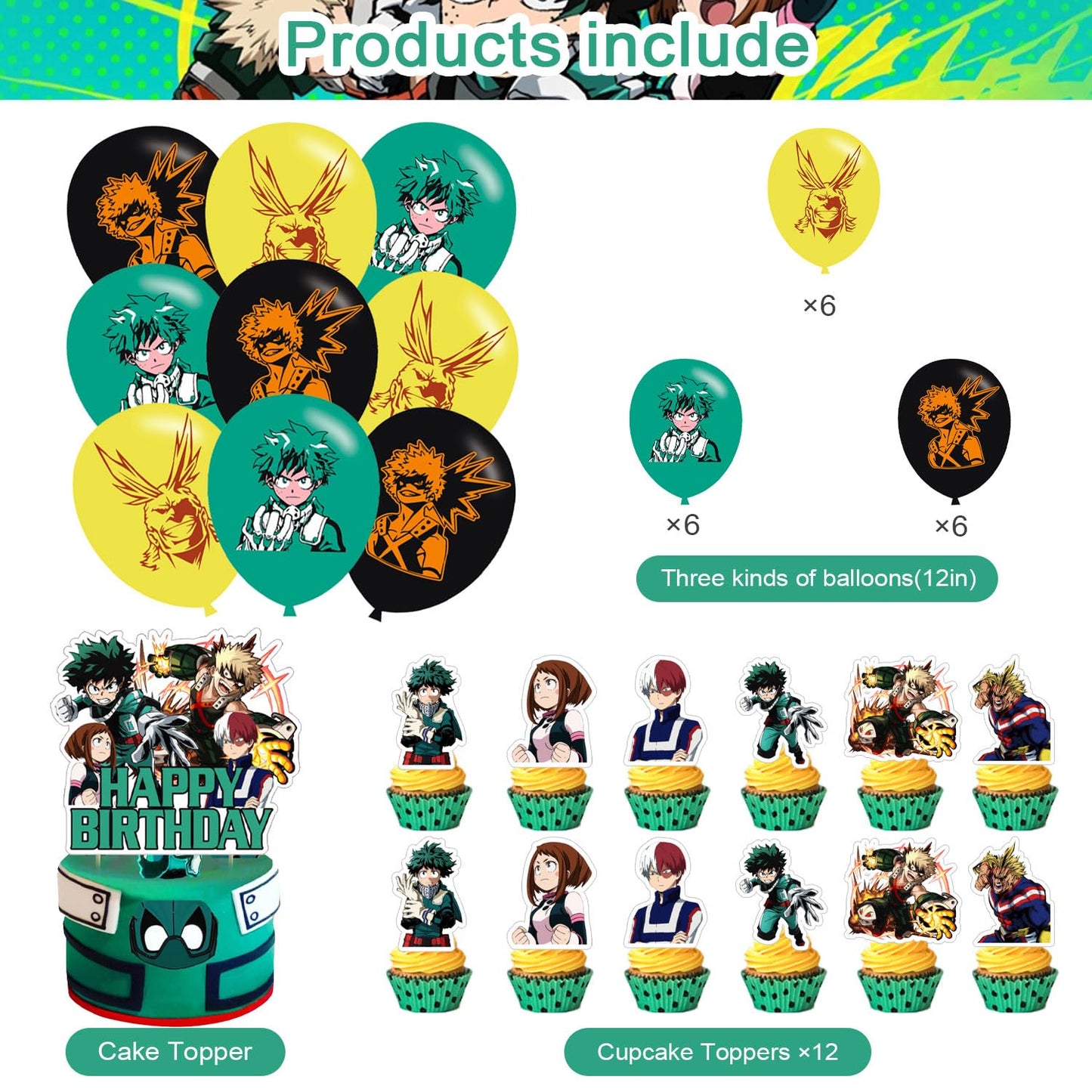 Karg Anime Birthday Party Decoration Princess Includes Cake Toppers, Cupcake Toppers, Balloons, Banner Party Supplies Decoration For Adults Boys Girls