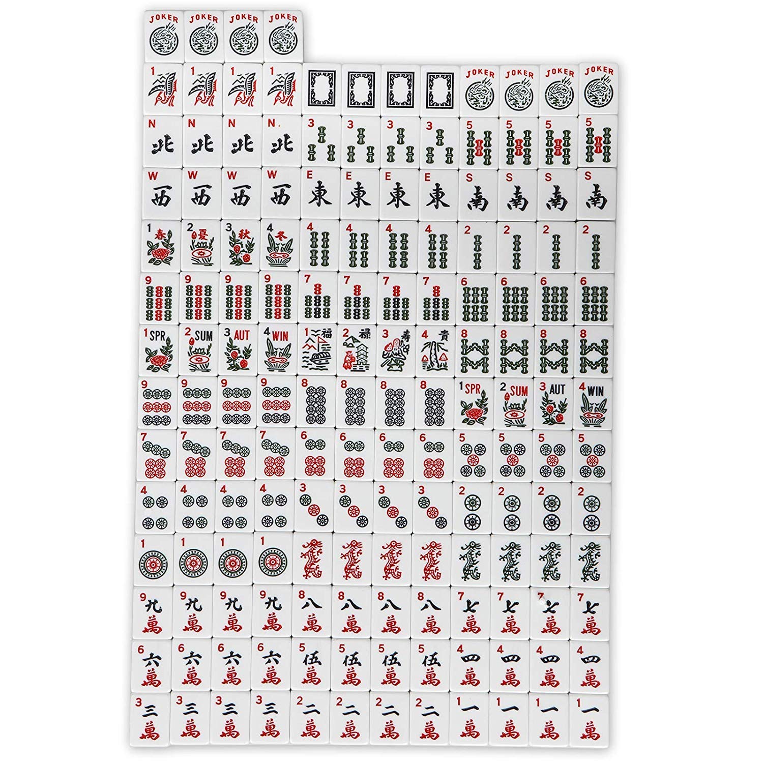 HNDTEK American Mahjong Set 166 Tiles, 4 Colors All-in-One Rack/Pushers, Red Soft Bag and Accessories -Classic Full Size Complete Mahjong Set.