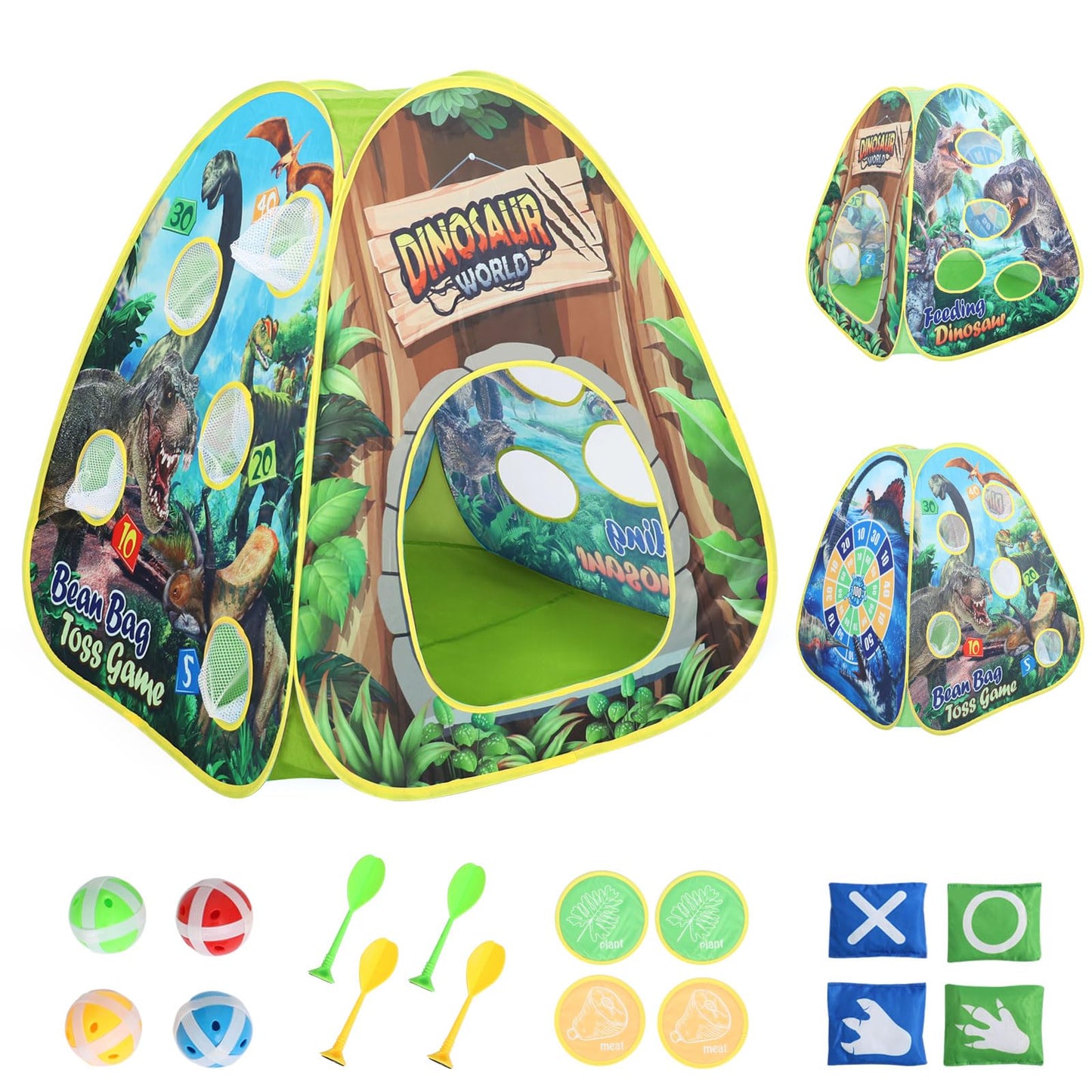 Dinosaur Kids Play Tent Indoor: Boys & Girls Playhouse Tents Indoor Outdoor - 4in1 Dinosaur Tent with-Dart Board & Bean Bag Toss Games