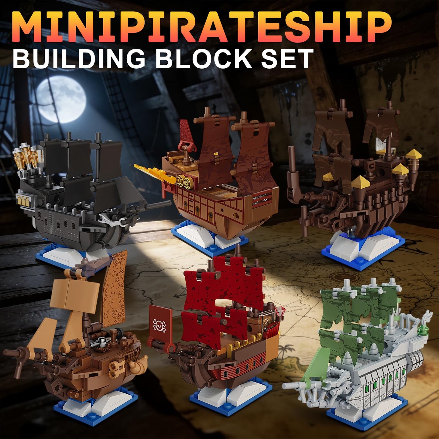 YCJZXMS 6-in-1 Pirate Ship Building Blocks Set, Mini Brick Pirate Ship Model Kit, Detailed Ship Collection for Display, Creative Hobby Building Set