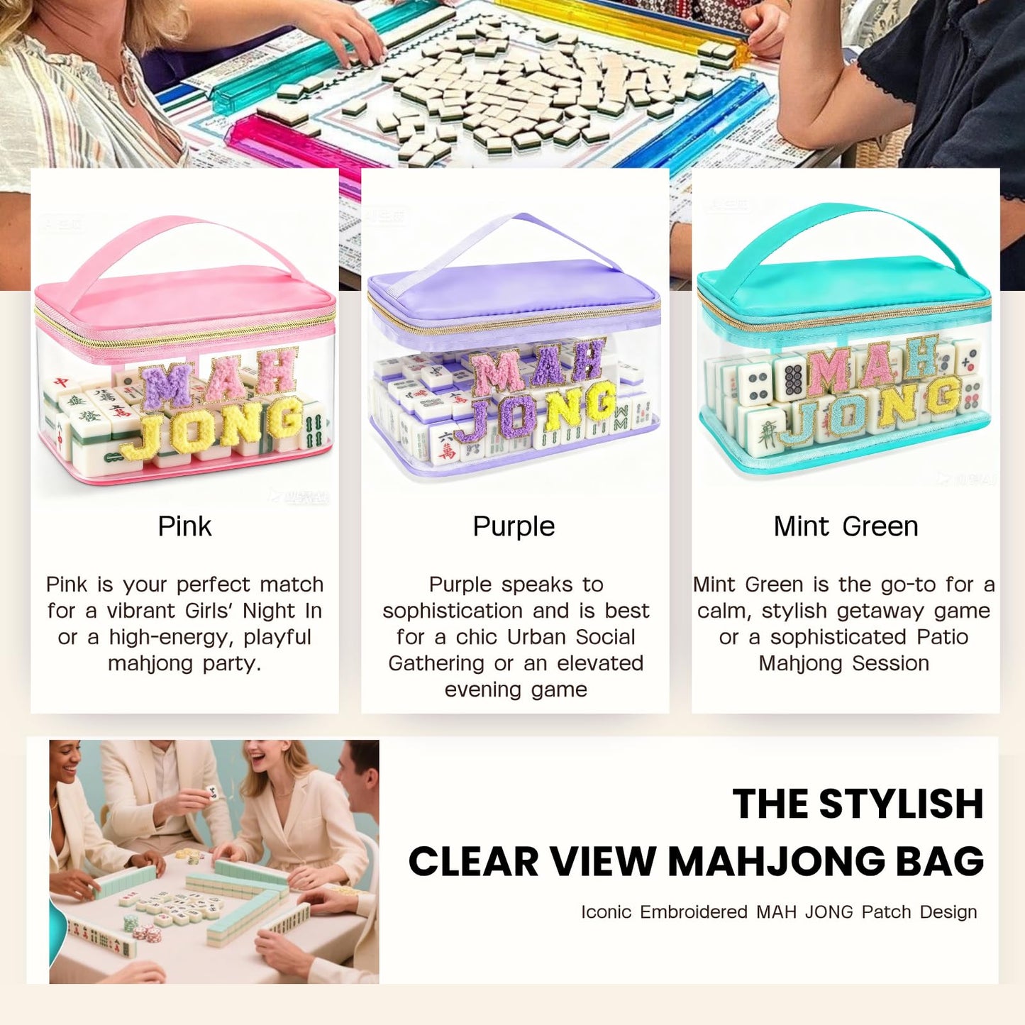 Loyipu PVC Transparent Mahjong Carry Bag with Embroidered MAH Jong - Mint Green/Purple/Pink | Fits Standard American Mahjong Tiles, Dice & Scorecards