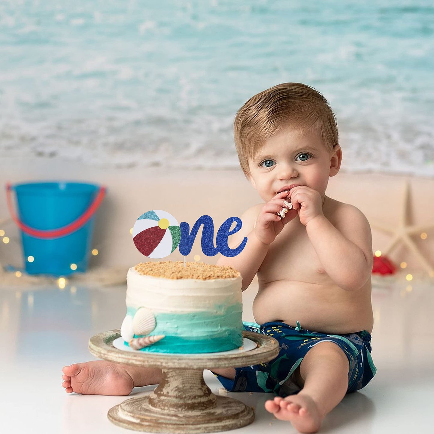 WAWUO Beach Theme 1st Birthday Cake Topper - Pool Party Cake Decoration, Summer Party Supplies, Baby's First Birthday Cake Topper