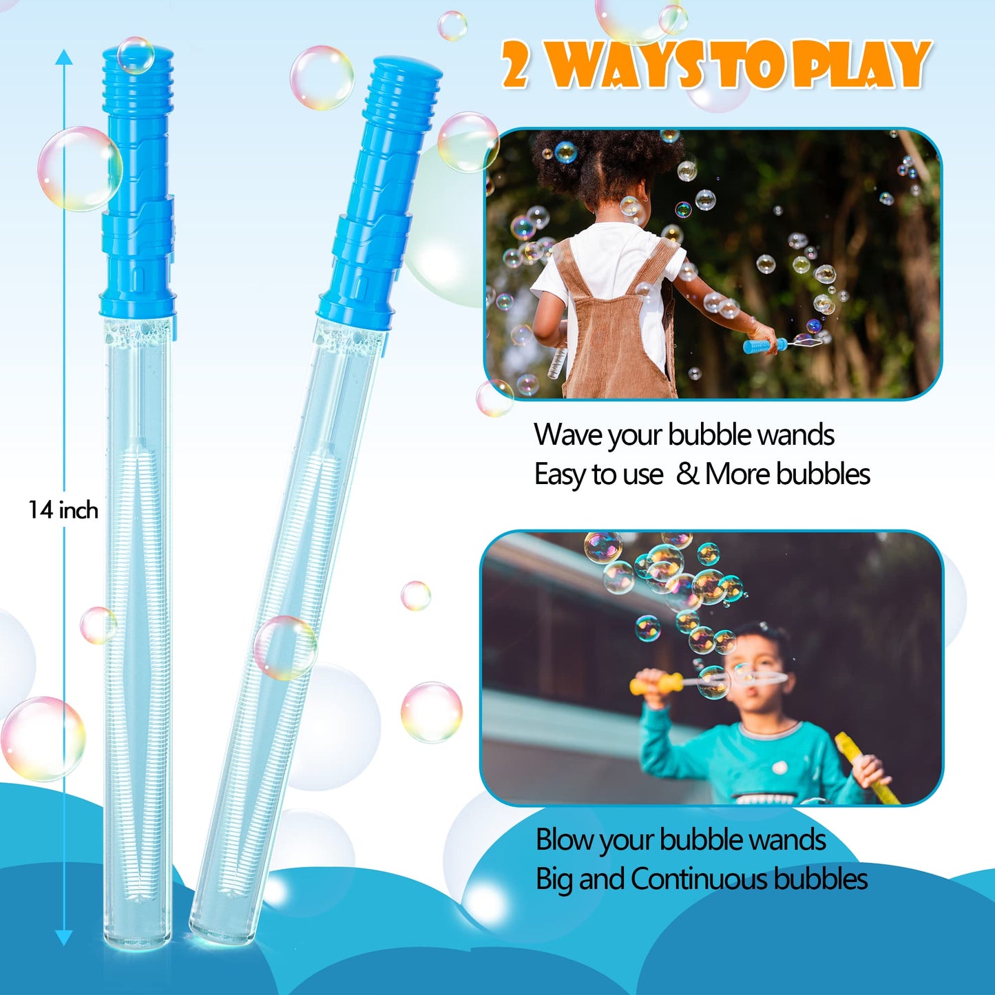 Inscraft 48 Pack 14’’ Big Bubble Wands, 8 Colors Bulk for Summer Toy, Outdoor/Indoor Activity Use, Easter, Birthday, Graduation, Shower, Bubbles Party