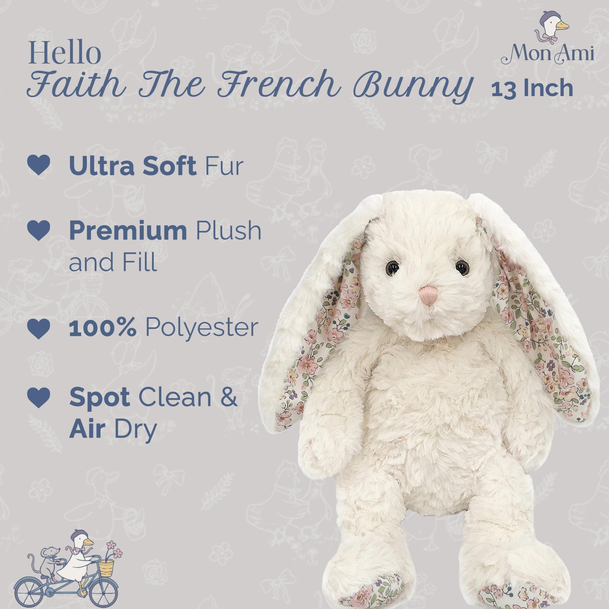 MON AMI Faith The French Bunny Plush Toy, 13-Inch Soft Stuffed Animal