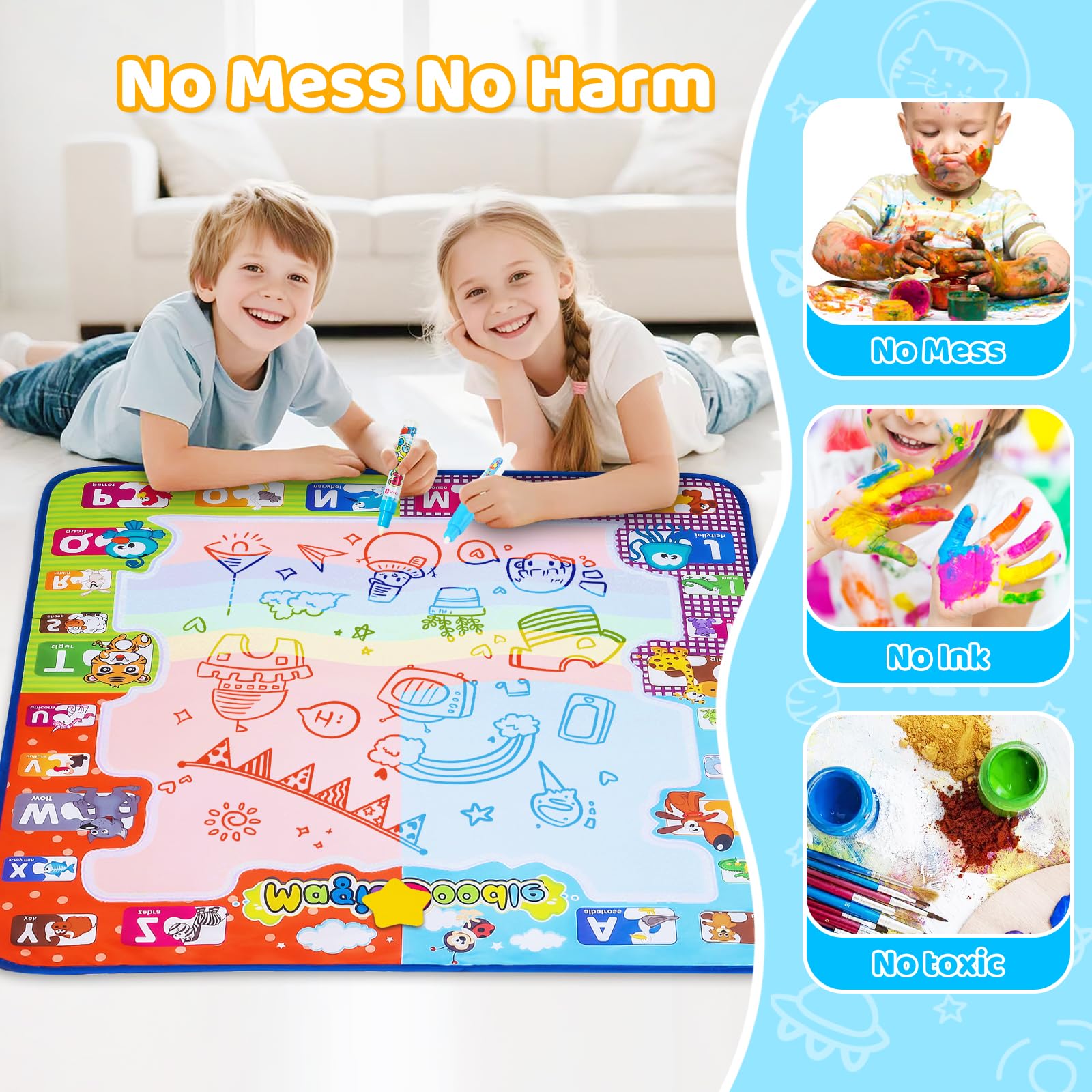 KIZZYEA Toys for 2 3 4 5 6+ Years Old Boys Girls, Water Doodle Mat for Kids, Large Coloring Painting Writing Magic Mat with Neon Colors, Educational