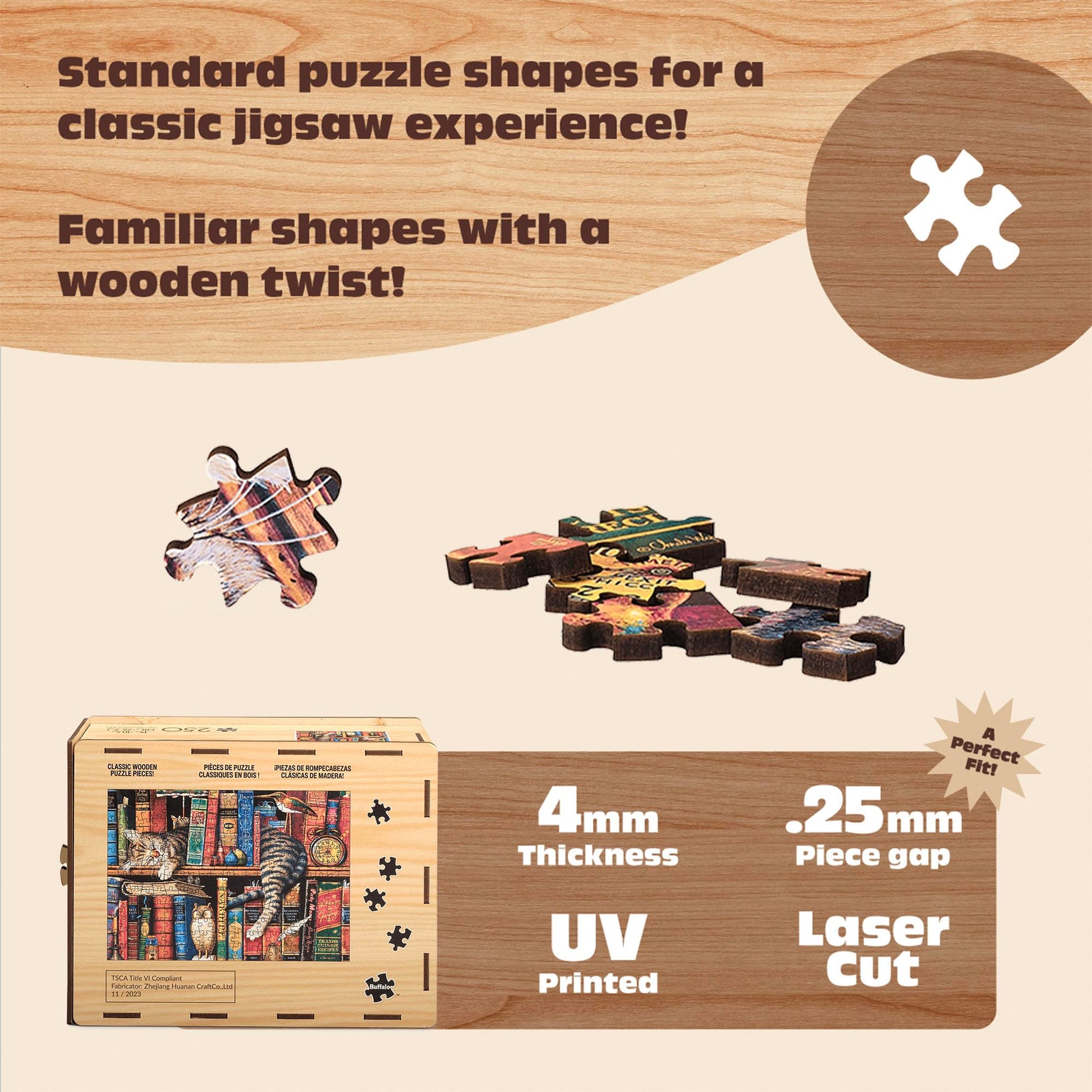Buffalo Games - 250 Piece Wooden Jigsaw Puzzle Charles Wysocki - Frederick The Literate, Standard Cut Pieces, Wooden Box, Fabric Bag, Full Size