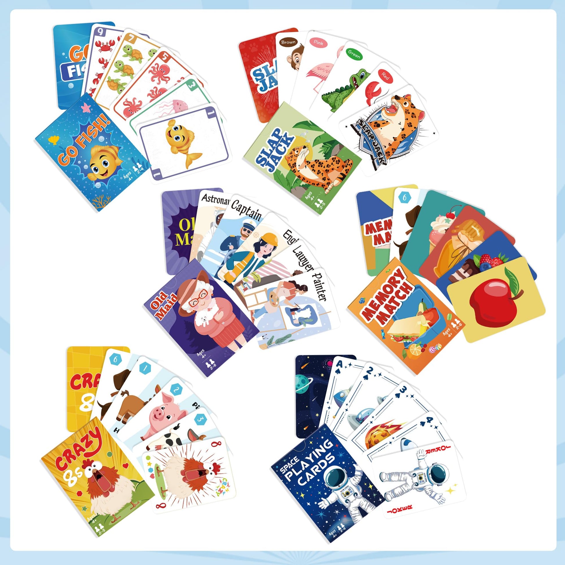 Kids Card Games,24 Decks,Go Fish, Old Maid, Crazy Eights, Memory Match, Slap Jack, Space Playing Cards, Family Game Night Classic Table Games