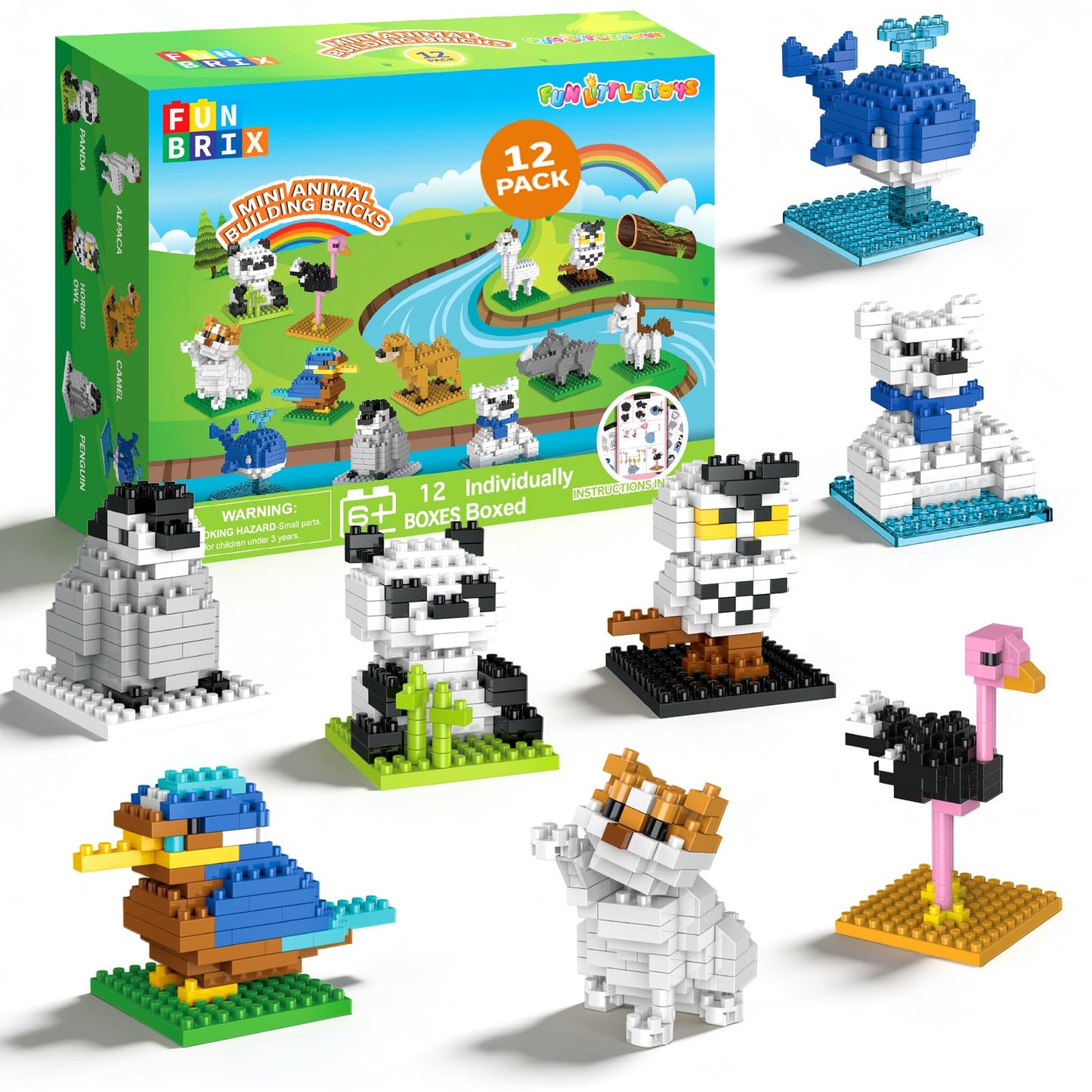 Mini Animal Building Blocks 12 Pack, No Duplicates, Individually Boxed with Instructions, Party Favors for Kids 6-12, Classroom Prizes & Prize Box