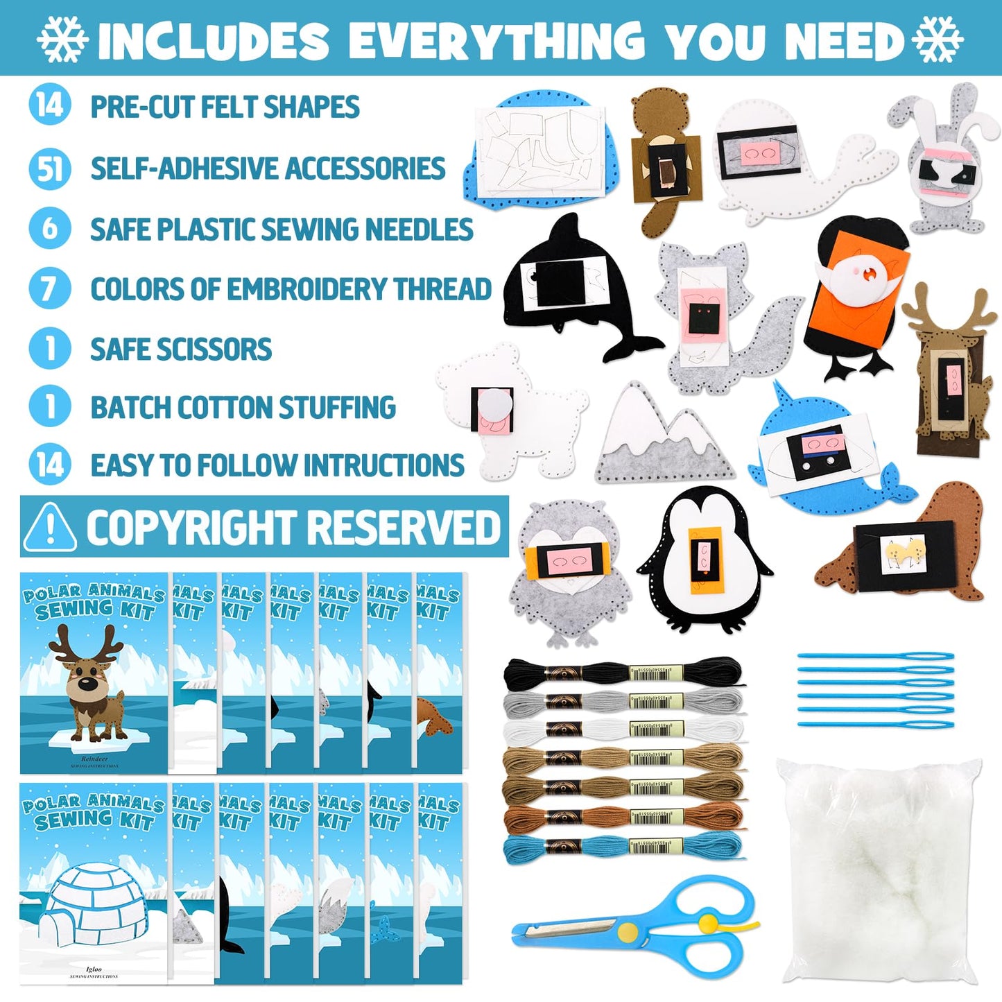 CiyvoLyeen Polar Animals Sewing Kit for Kids Make Your Own Winter Polar Animals Felt Plush Craft Kit Includes 14 Creative Projects to Sewing Beginners