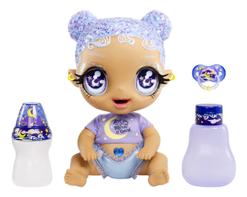 MGA Entertainment Glitter Babyz Selena Stargazer Baby Doll 3 Magical Color Changes, Pastel Purple Glitter Hair, Moon & Stars Outfit, Diaper, Bottle