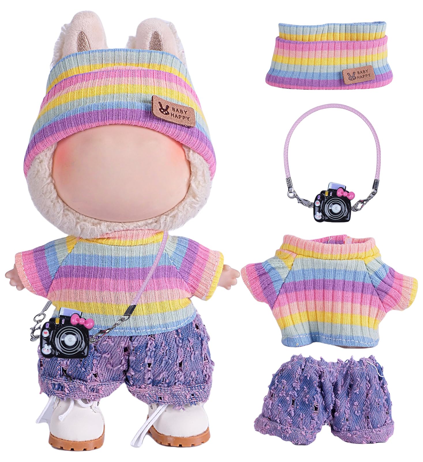 4pcs Handcrafted 15cm/17cm Doll Clothes Set (No Doll), Cute and Premium Outfits Accessories, Hand Crocheted Hat, Sweaters, Skirt, Bag (Rainbow) AK052