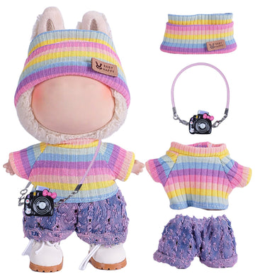 4pcs Handcrafted 15cm/17cm Doll Clothes Set (No Doll), Cute and Premium Outfits Accessories, Hand Crocheted Hat, Sweaters, Skirt, Bag (Rainbow) AK052