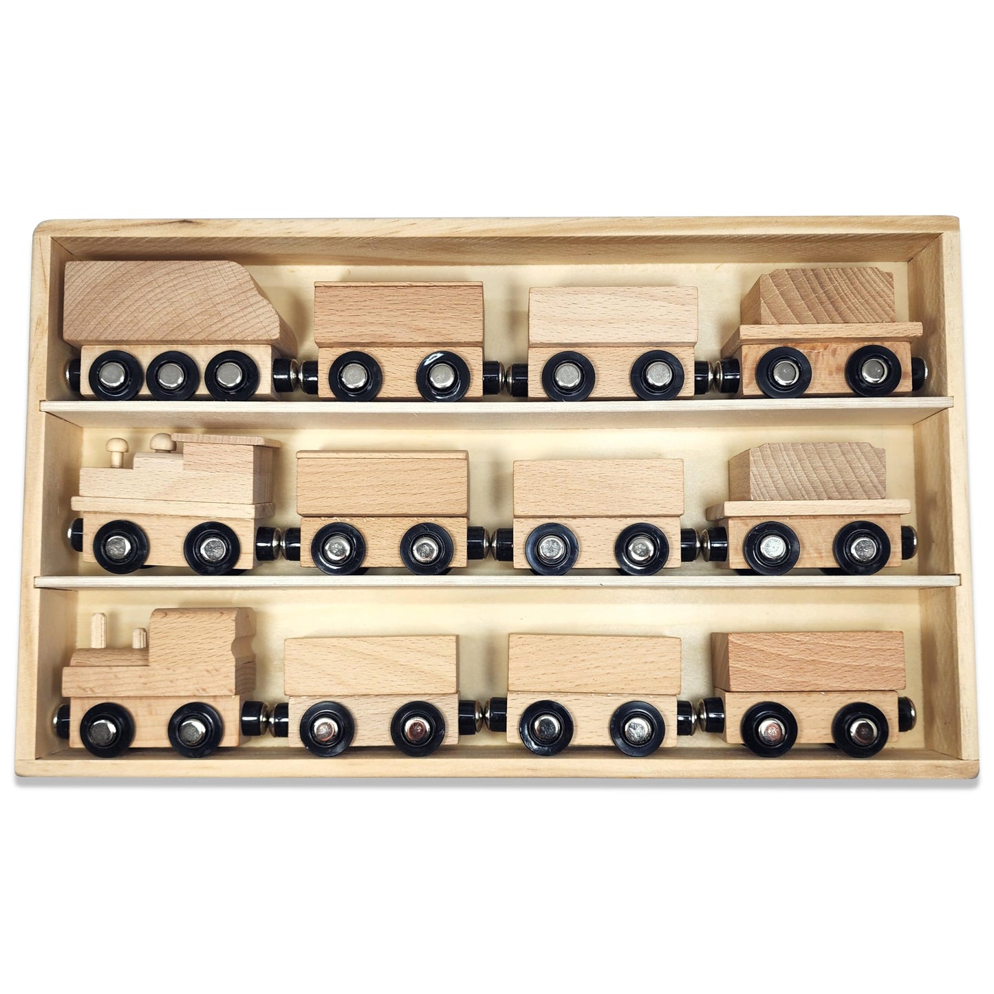 Adventure Awaits! Magnetic Wooden Train Set | 12 Piece Natural Wood Railway Toy with Storage Box | Unpainted