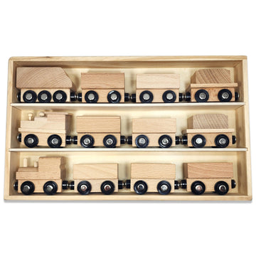 Adventure Awaits! Magnetic Wooden Train Set | 12 Piece Natural Wood Railway Toy with Storage Box | Unpainted