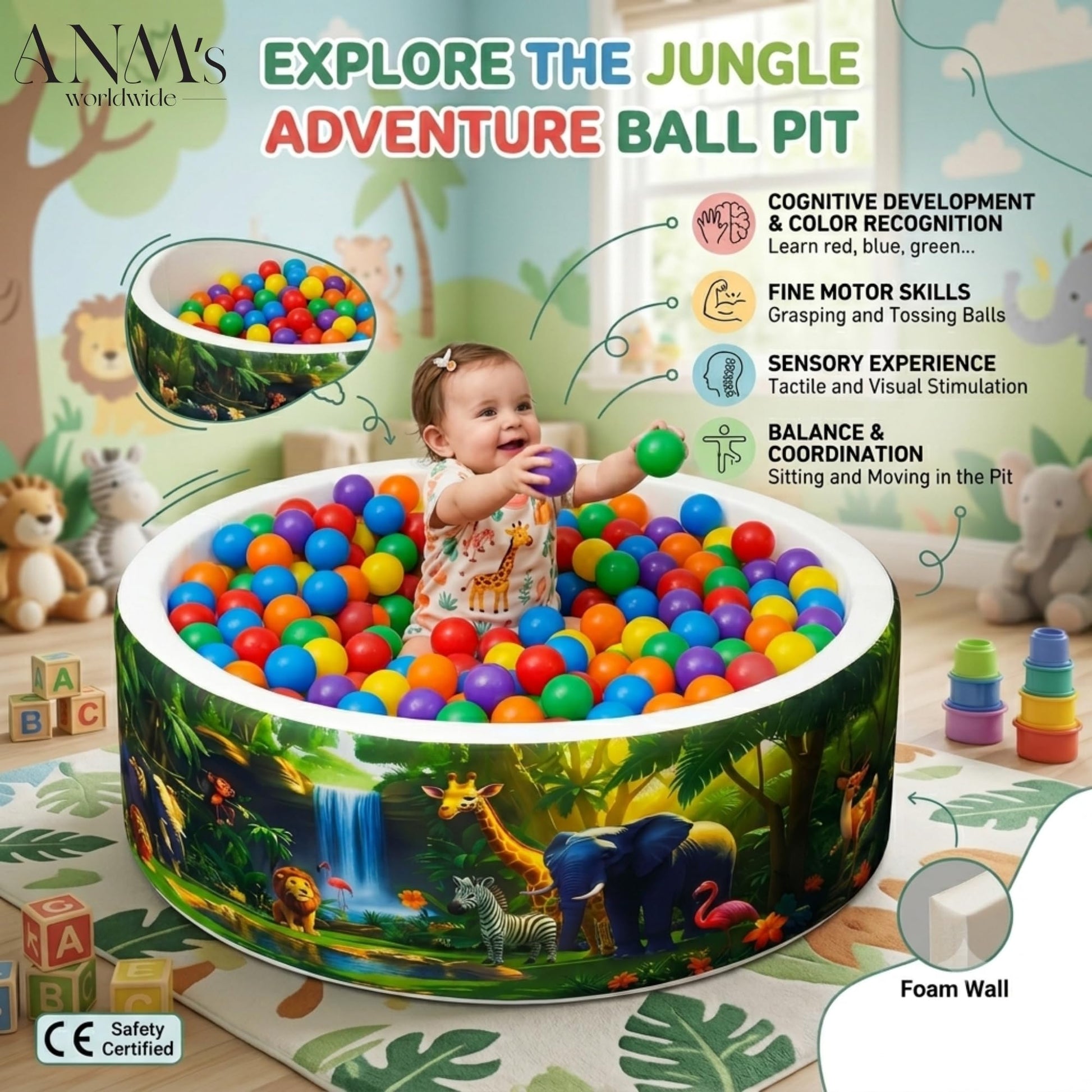 ANM’s Worldwide Foam Ball Pit for Toddlers - 90x30x5 cm Round Ball Pool, Soft Round Baby Playpen Ball Pool for Kids - Indoor Play Area for Babies