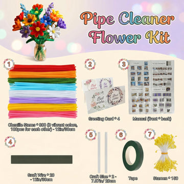 800 PCS Pipe Cleaners Flower Kit - 8 Colors Thickened Chenile Stems Craft Kit with Stems, Tape, Stamens, Manual, Greeting Card, Beauty DIY Flowers
