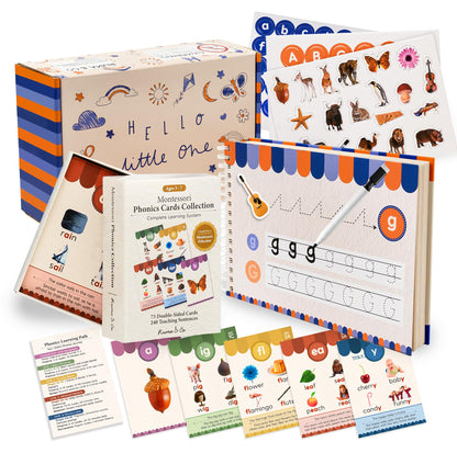 Montessori Phonics Set 20 Stages All-in-One Reusable Write & Wipe Activity Book with 73 Phonics Flash Cards Calm Early Learning Kit for Kids Ages 3-6