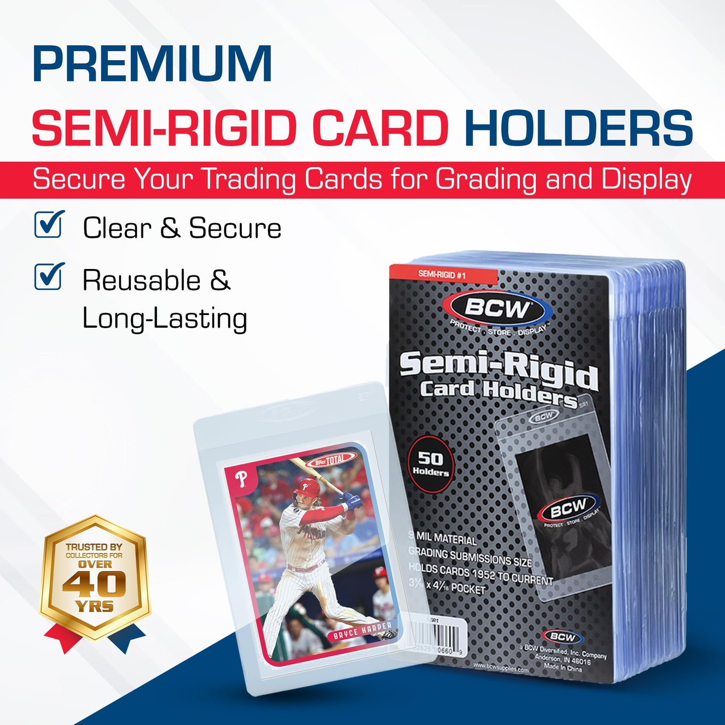 BCW Semi Rigid Card Holder #1 | 100 Pack | Semi Rigid Card Sleeves for Grading Preparation | Protective Holders for Sports & Trading Cards