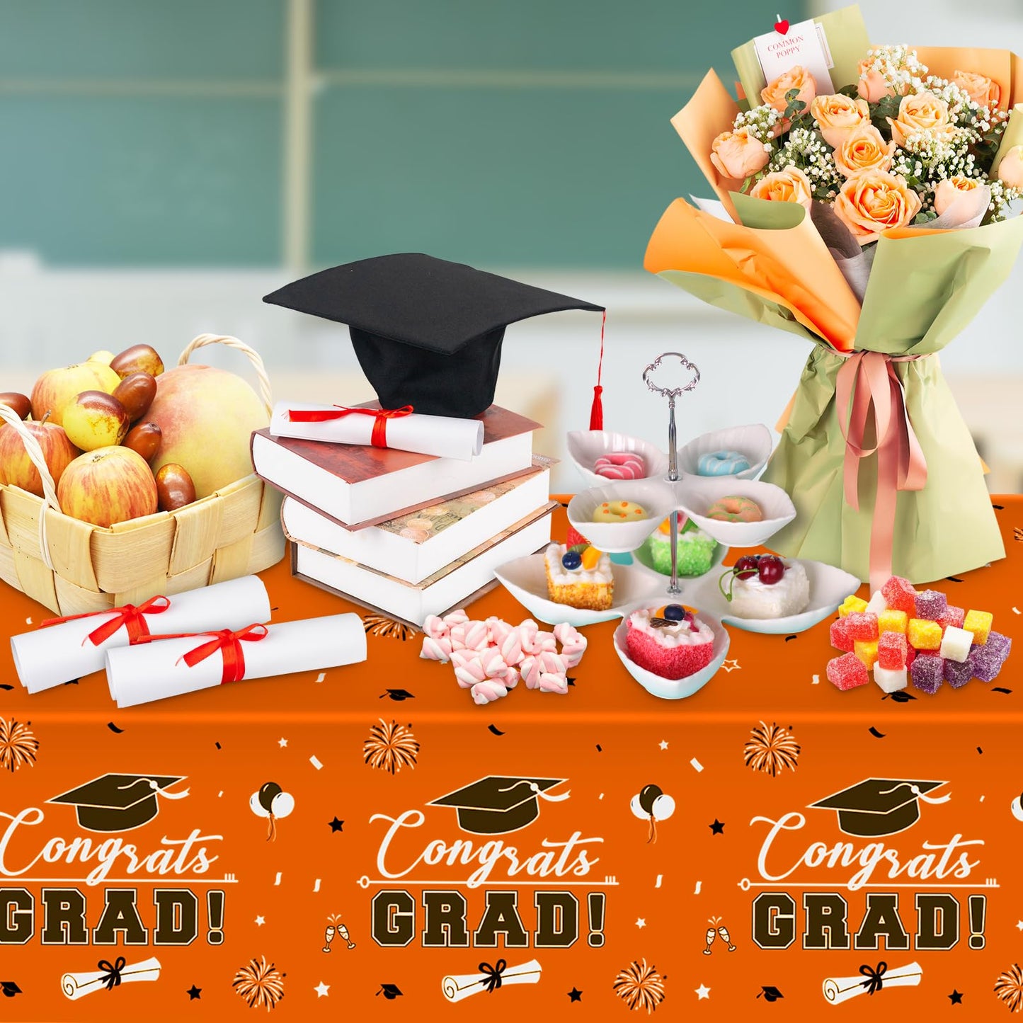 3 Pcs Graduation Tablecloth - Congrats Grad Table Cloth for Class of 2026, Disposable Plastic Rectangle Grad Table Cover for Graduation Party