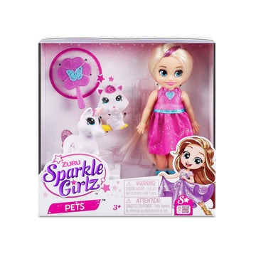 Sparkle Girlz Princess Doll and Pet Set - Blue Dress and Dog by ZURU, 2 Pets Included, Posable Fashion Doll, Removable Dress, Hair Styling, Gift for