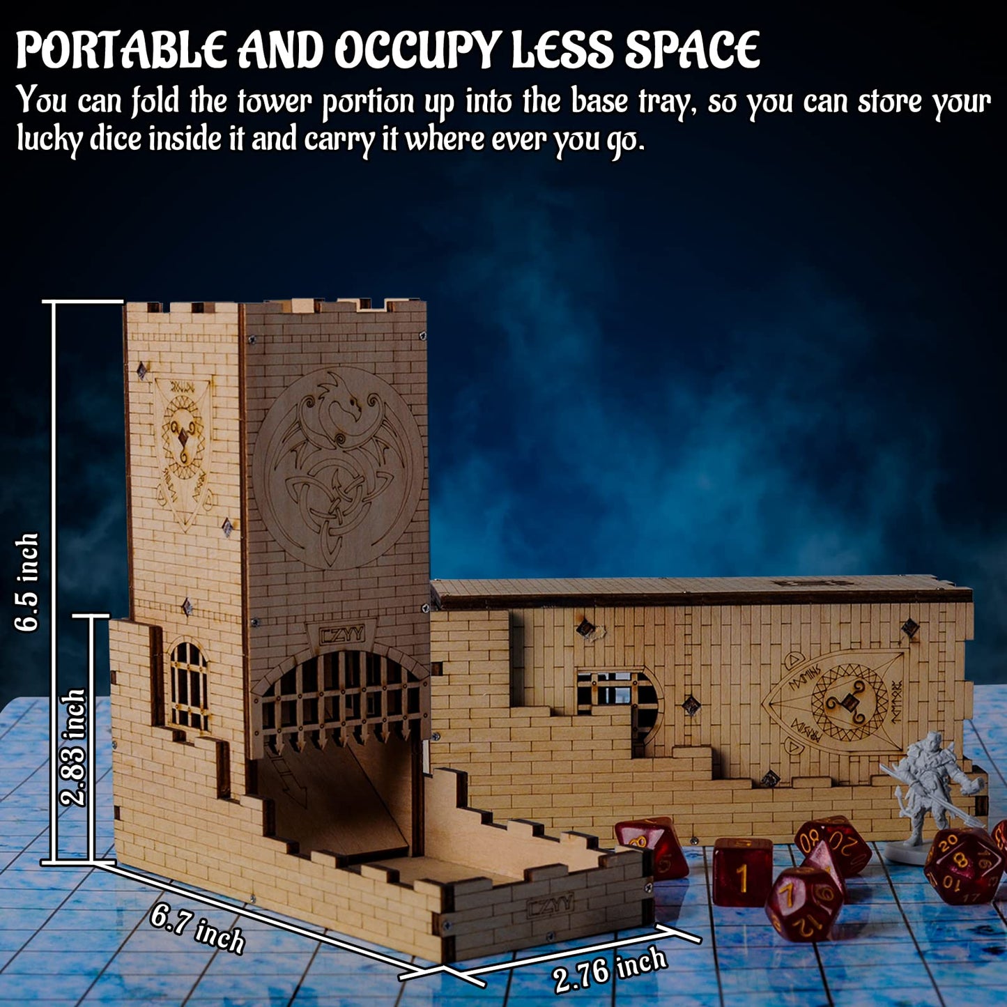 CZYY Castle Dice Tower, Foldable Wooden Dice Roller with Tray