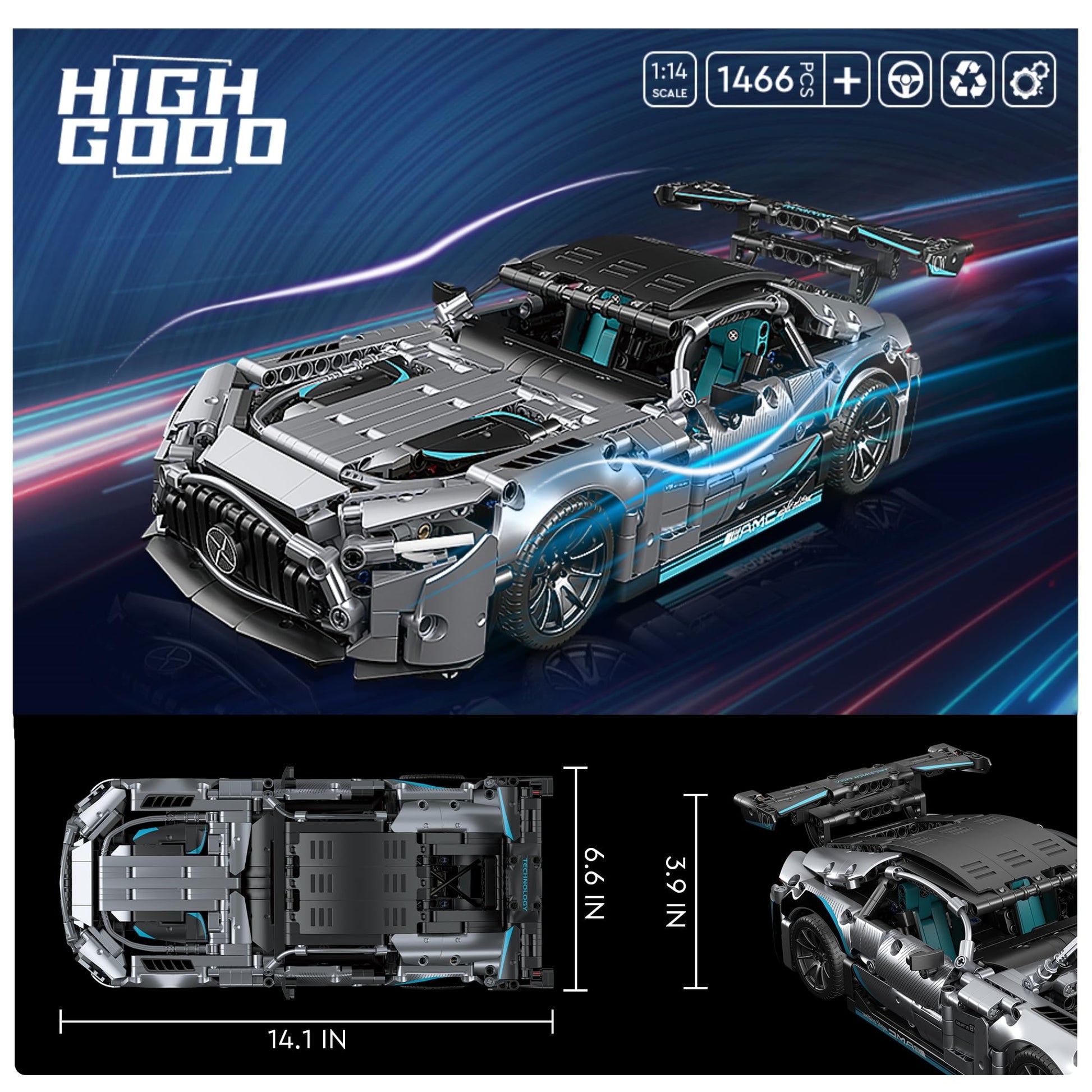 HIGH GODO Super Sports Car Building Sets for Adults, 1:14 MOC Buildable Racing Cars Model Building Blocks Kit, Supercar Birthday Gifts for Teens 14+