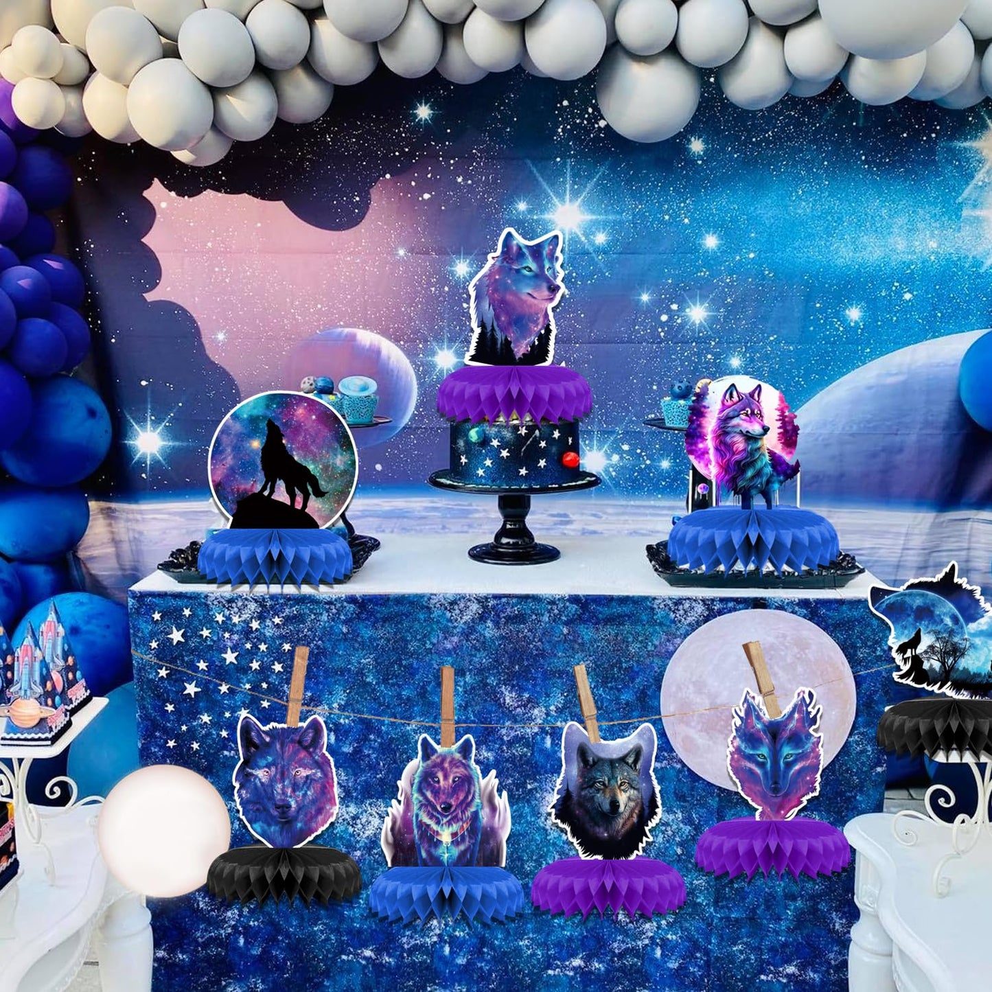 8 Pcs Galaxy Wolf Birthday Party Decoration, Starry Sky Wolf Theme Honeycomb Centerpieces 3D Double Sided Table Decorations, Animal Wolf Photo Booth