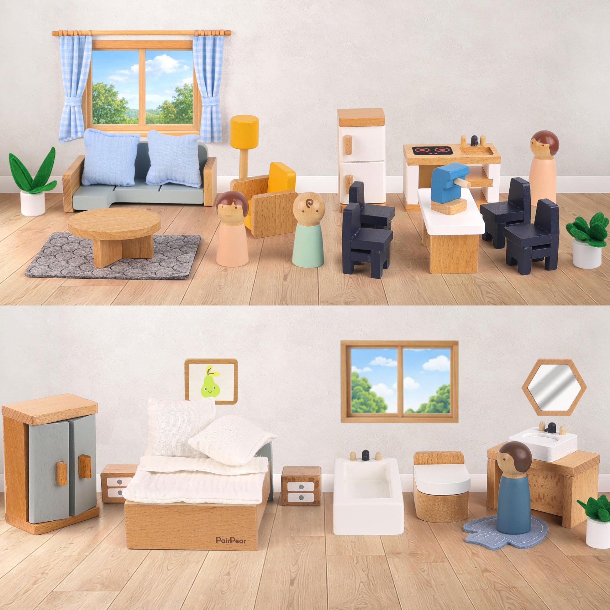 PairPear Wooden Toys Dollhouse Furniture Playset,Natural Wood Pretend Play Furnitures with Family Dolls,Dollhouse Accessories Toys Gift for Girls