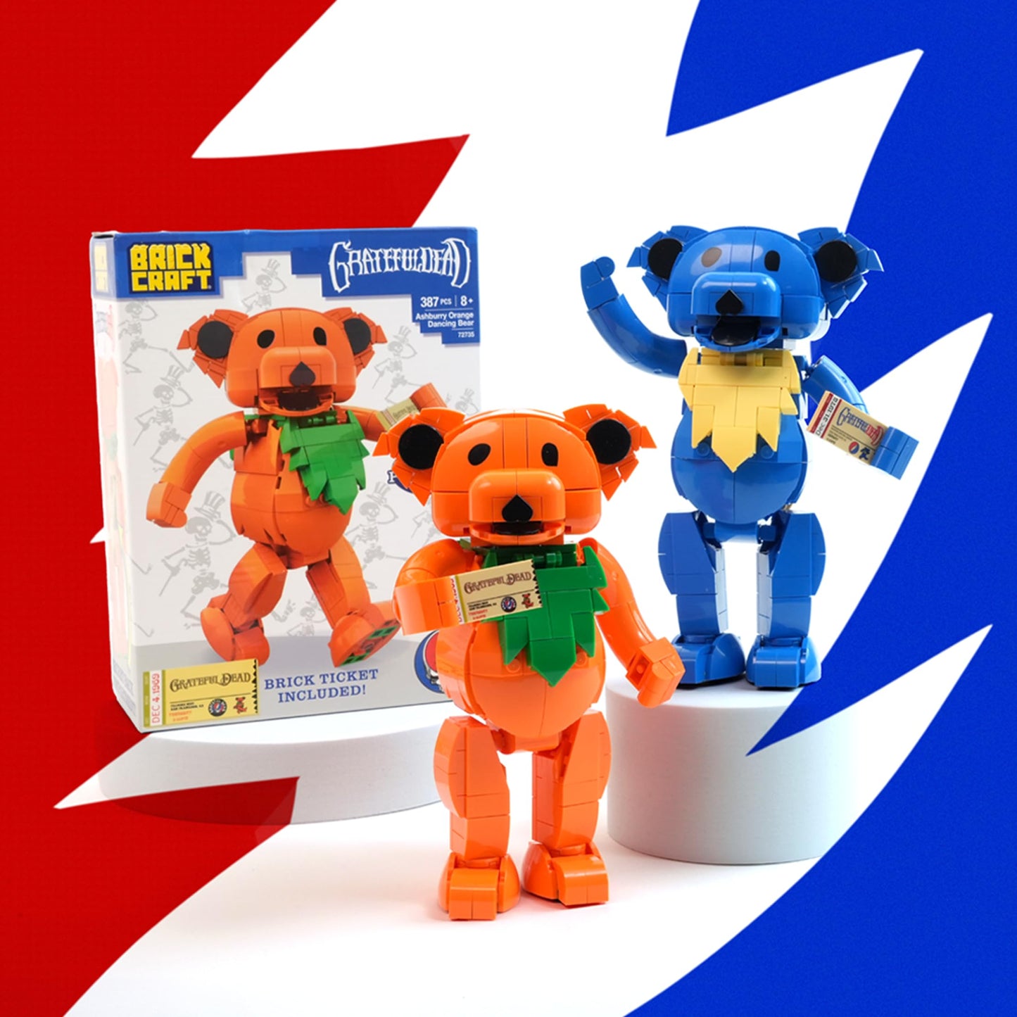 Brickcraft Grateful Dead Stealie Blue Dancing Bear Building Brick Kit, 387 Pieces, Fully Posable Figure with Brick Concert Ticket, Ages 8+, Officially