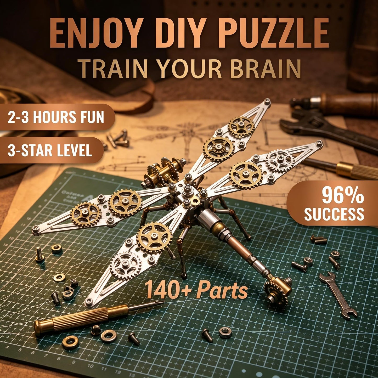 Steampunk Dragonfly 3D Metal Puzzle : 140+ Pcs 2-3 Hrs Screw Build Desktop Display Ornament DIY Assembly Gift for Father Men Teens Christmas