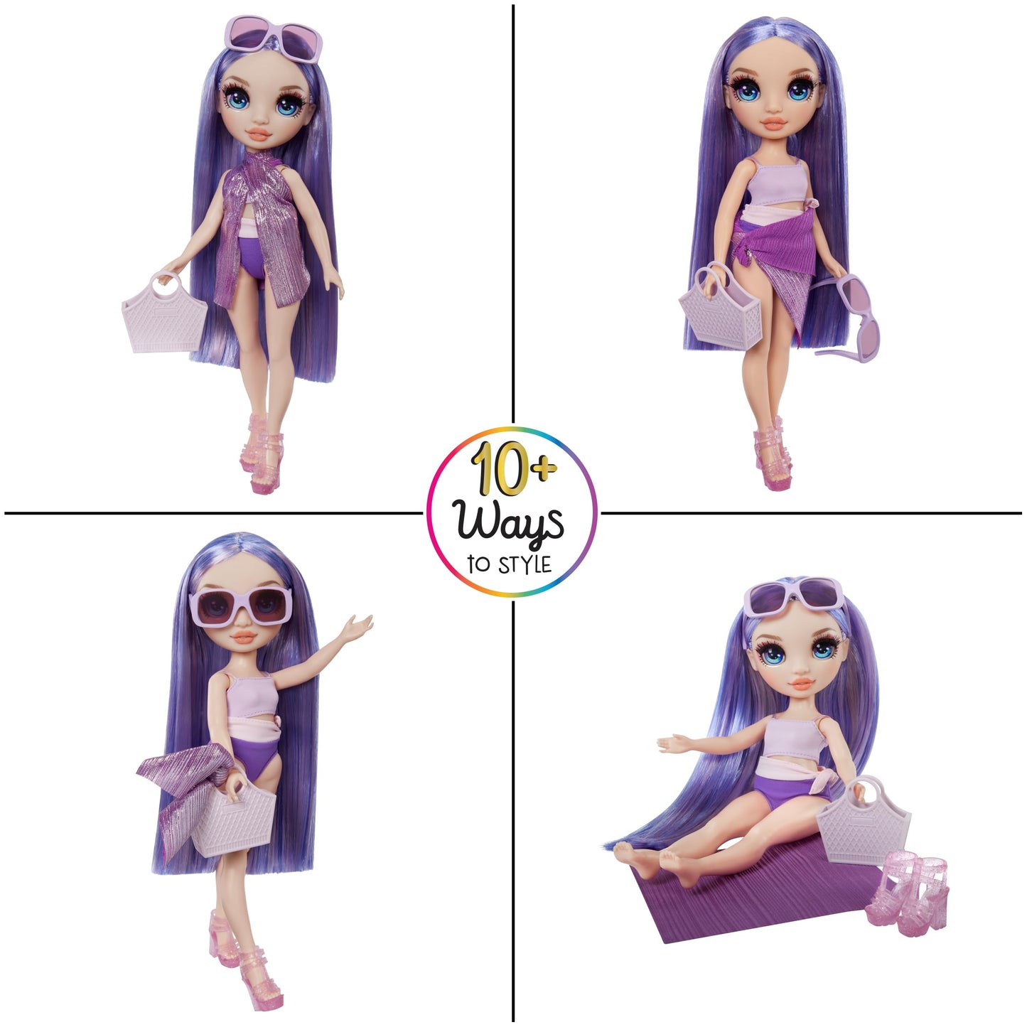 Rainbow High Swim & Style Violet, Purple 11" Fashion Doll with Shimmery Wrap to Style 10+ Ways, Removable Swimsuit, Sandals, Fun Play Accessories