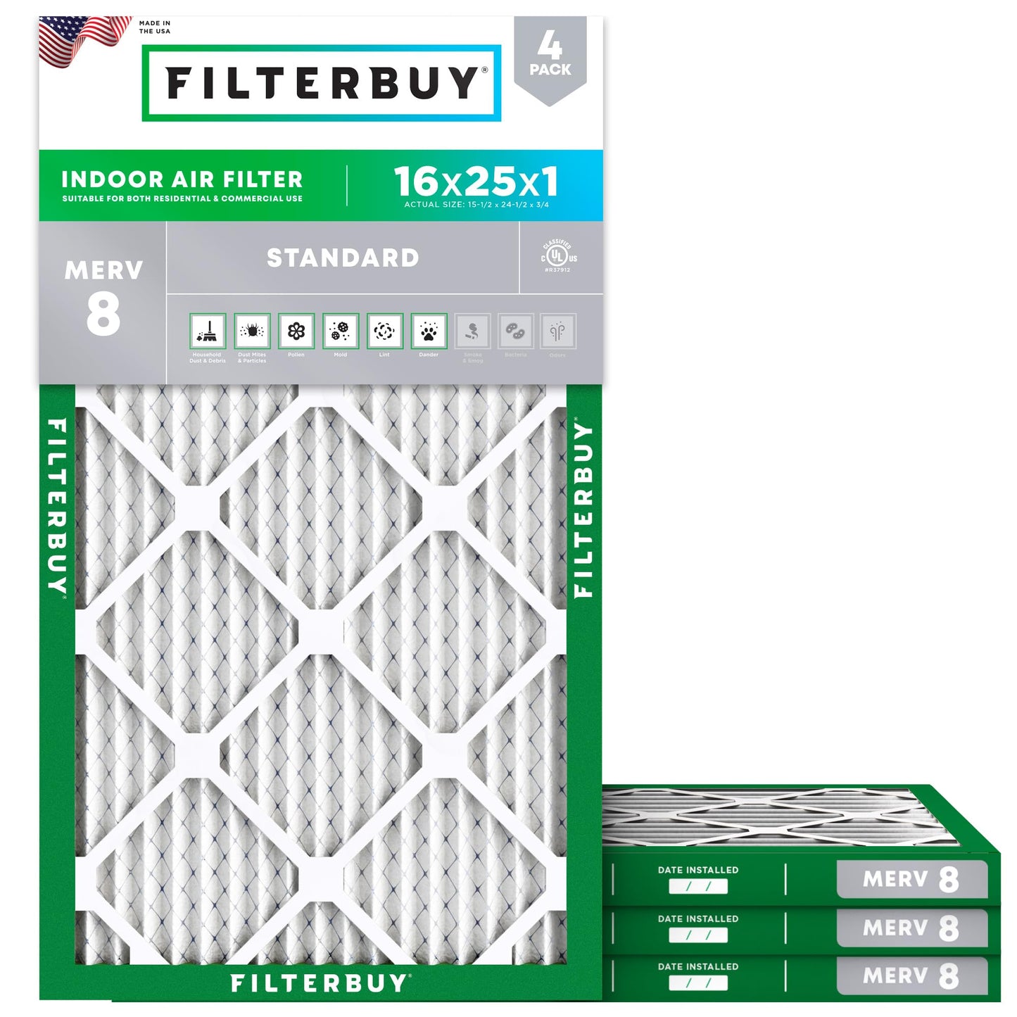 Filterbuy 16x25x1 Air Filter MERV 8 Essential Dust & Allergy Defense (4-Pack), Electrostatic Pleated HVAC AC Furnace Filters Replacement, Made in USA