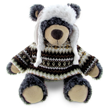 DolliBu Plush Black Bear Stuffed Animal - Soft Huggable Black Bear Wearing Hat & Sweater, Adorable Teddy Bear Plush Toy, Cute Wildlife Cuddle GIF