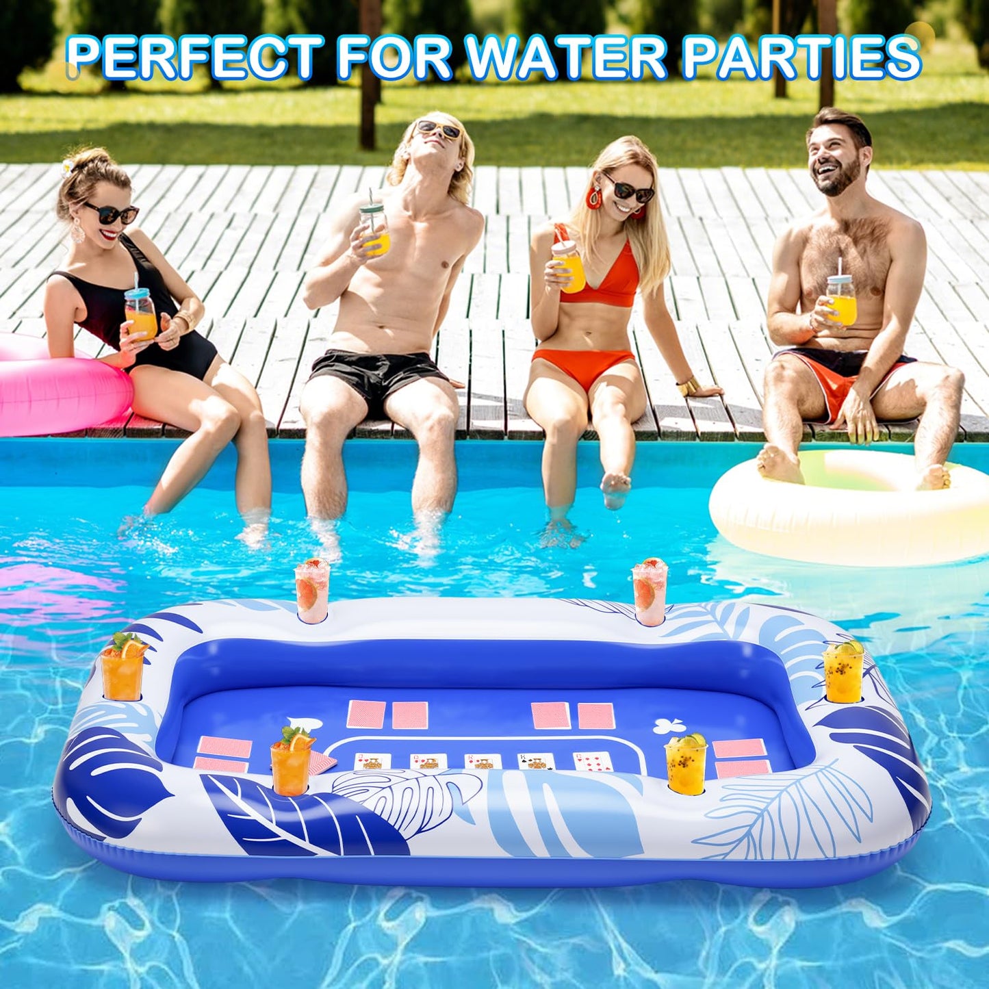 56IN Oversize Floating Card Game Table for Pool with Waterproof Cards - Inflatable Floating Card Table for Adults, Snack Drink Tray with Cup Holders
