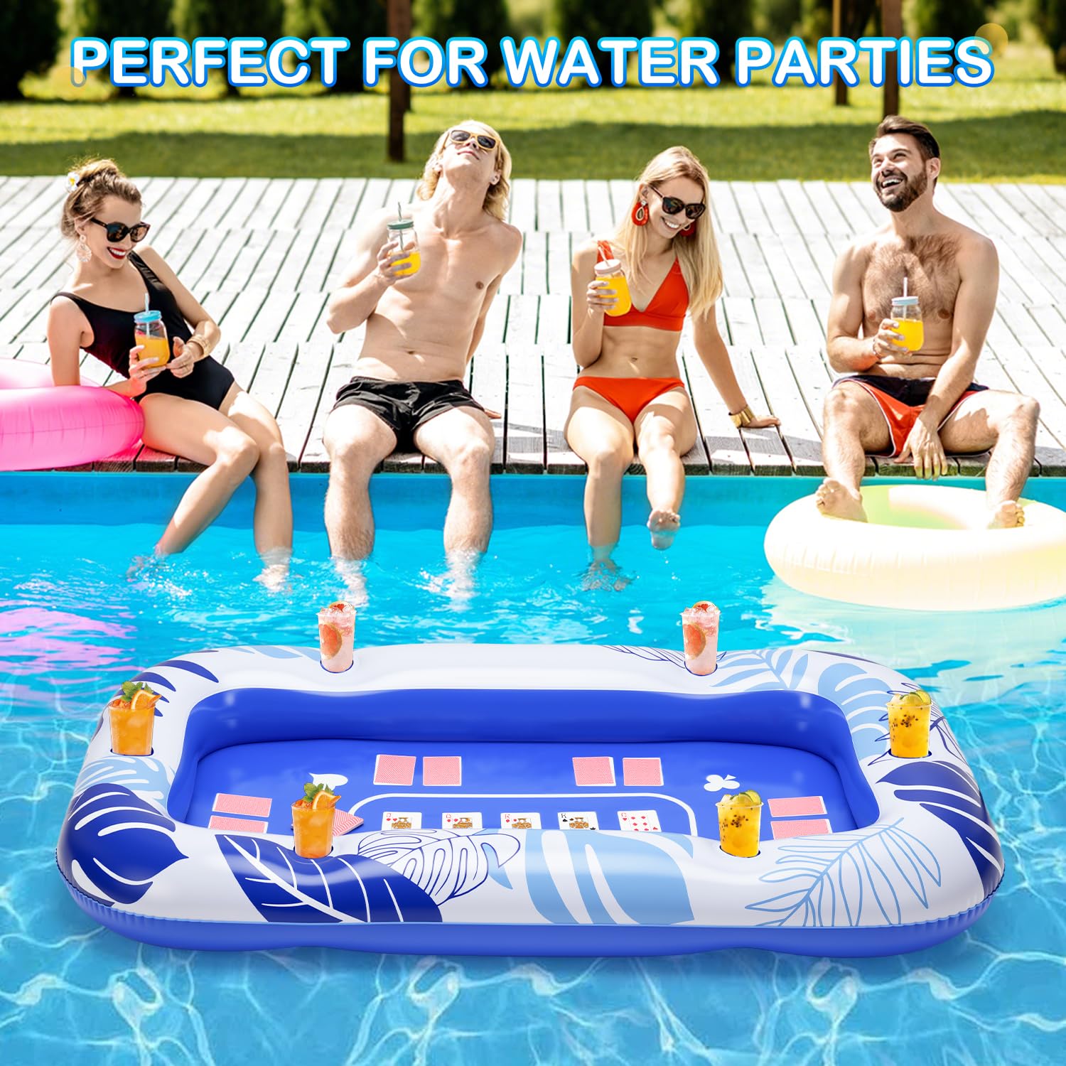 56IN Oversize Floating Card Game Table for Pool with Waterproof Cards - Inflatable Floating Card Table for Adults, Snack Drink Tray with Cup Holders