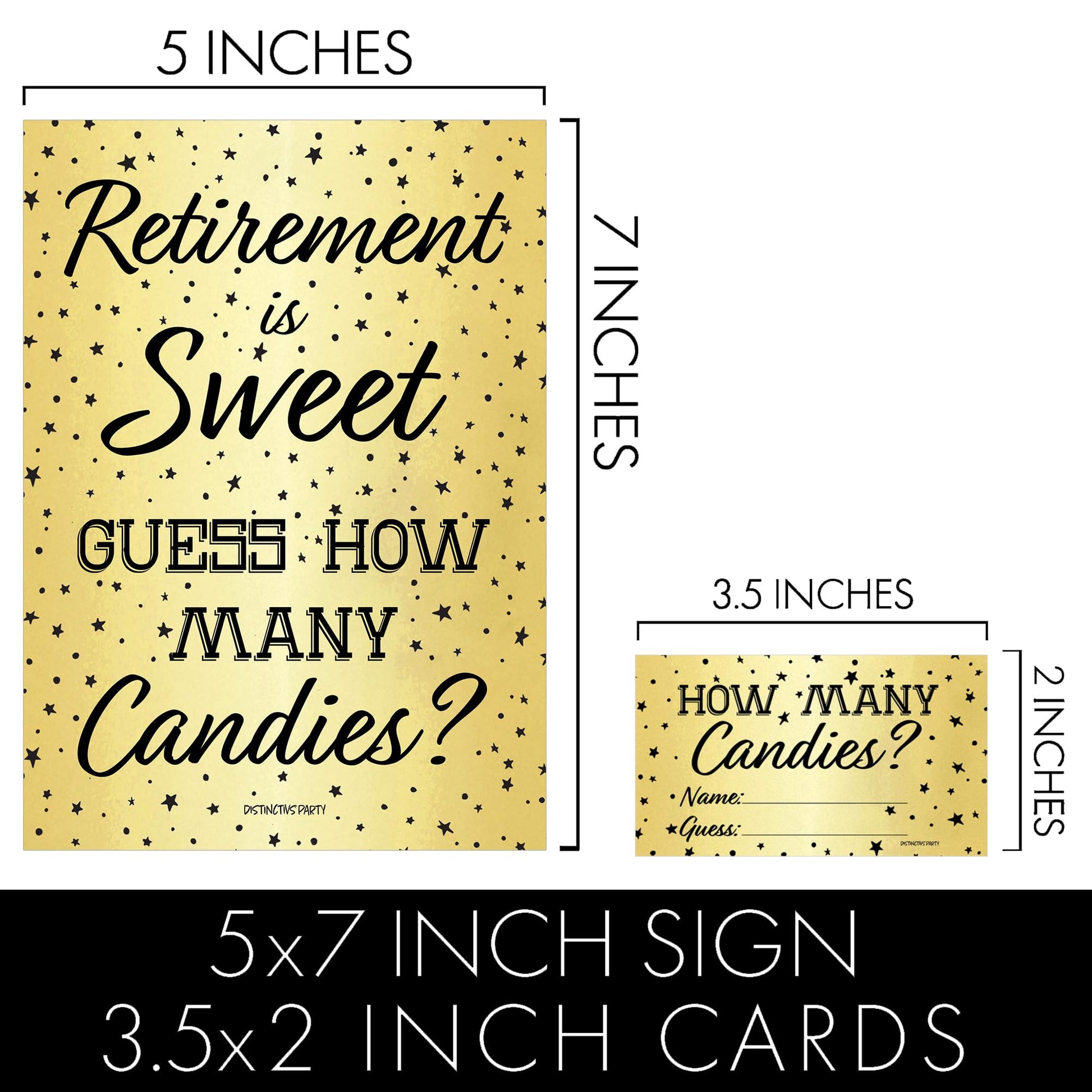 DISTINCTIVS Retirement Party Game - Guess How Many Candies in the Jar - Black and Gold Retirement Game with 5" x 7" Sign and 30 Guessing Cards