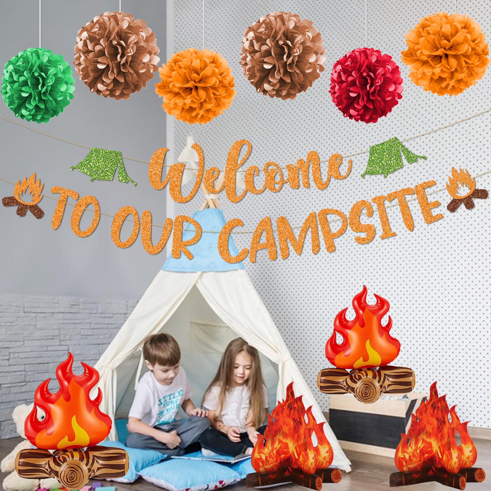Camping Party Decorations, Welcome to Our Campsite Banner 3D Campfire Centerpiece Pom Poms Balloons, Camping Decorations for Classroom, Camping Themed