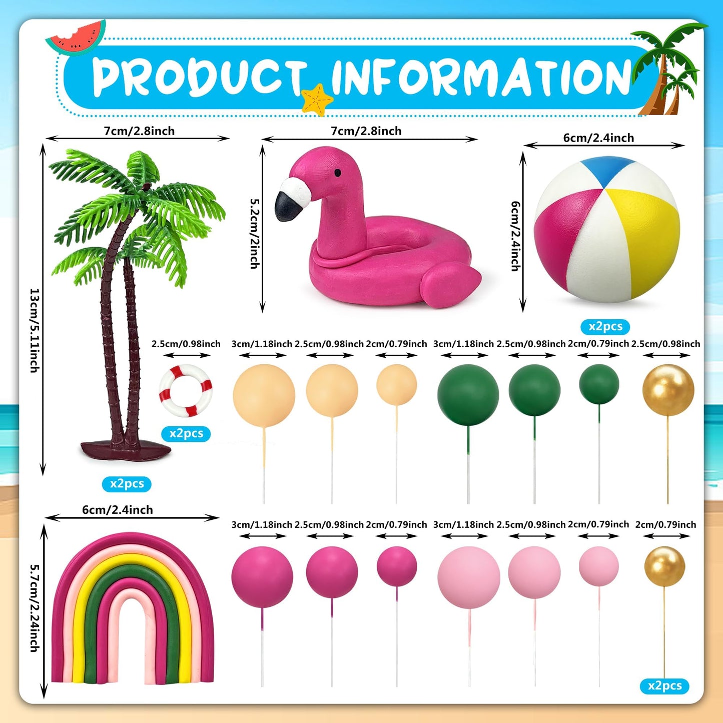 23 PCS Hawaiian Beach Cake Decoration Set Summer Cake Decor with Flamingo Rainbow and Coconut Tree Toppers for Hawaiian Theme Party