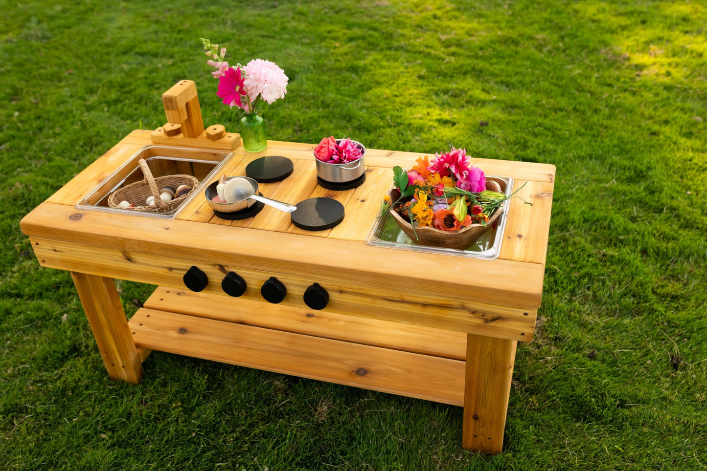 Noble Toys XL Cedar Outdoor Mud Kitchen Centered with Stovetop for Toddlers and Kids | Pretend Play Toddler Table | Sensory Table | Outside Playset |